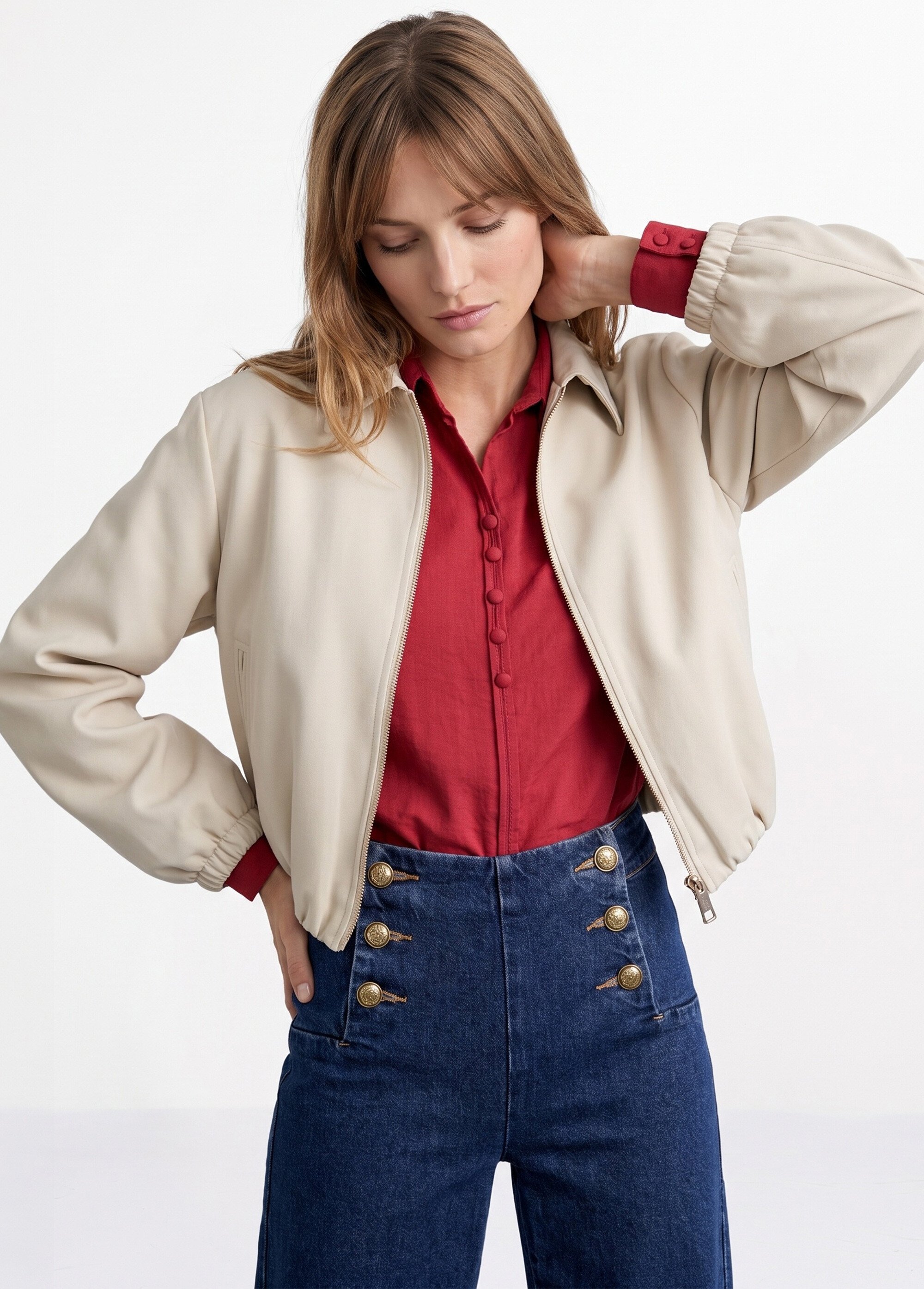 Veste zippée, détails élastiqués Femme Beige SFT-S-6228 MV1