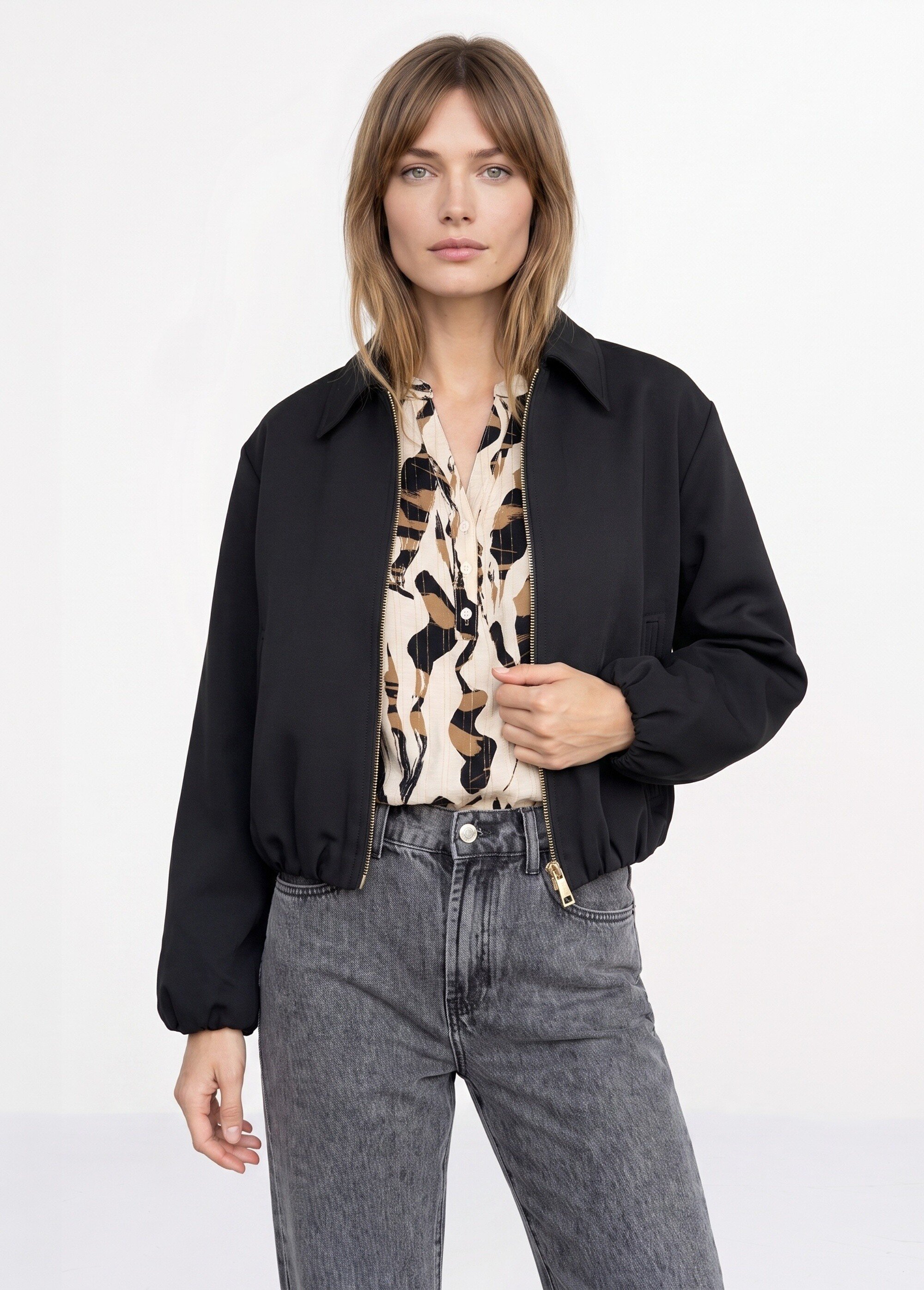 Veste zippée, détails élastiqués Femme Noir SFT-S-6228 FA1