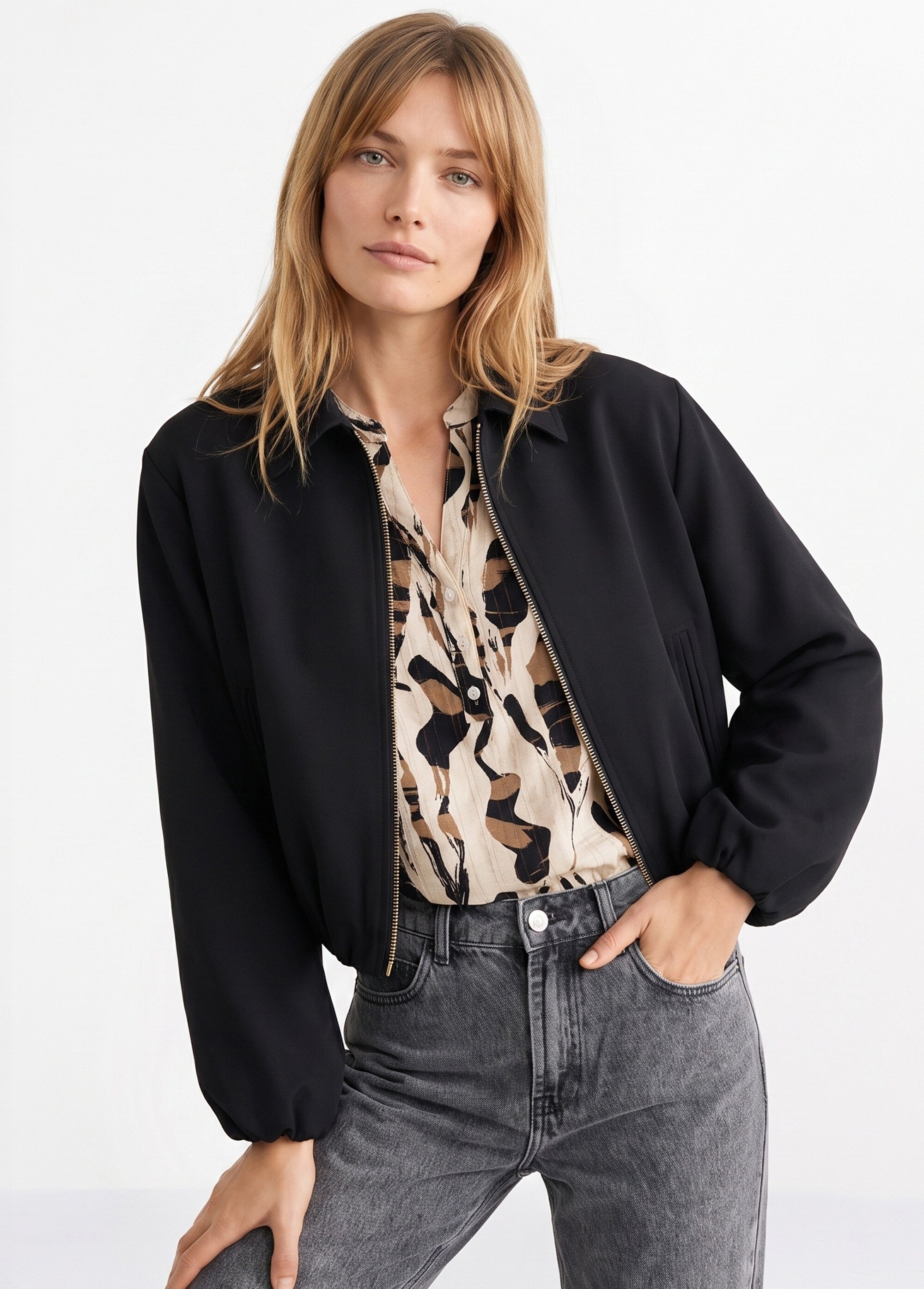 Veste zippée, détails élastiqués Femme Noir SFT-S-6228 MV1