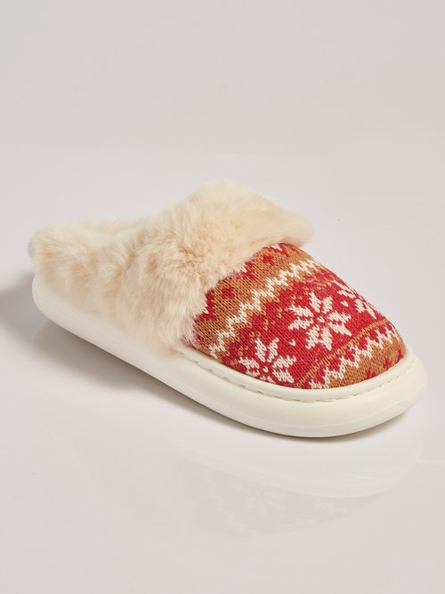 Chaussons fourrure et jacquard thème Noël Femme Rouge MAR5283 FA1