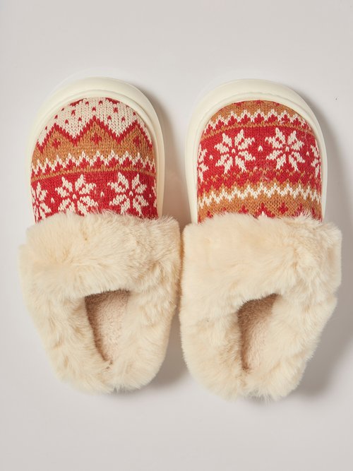 Chaussons fourrure et jacquard thème Noël Femme Rouge MAR5283 OV1