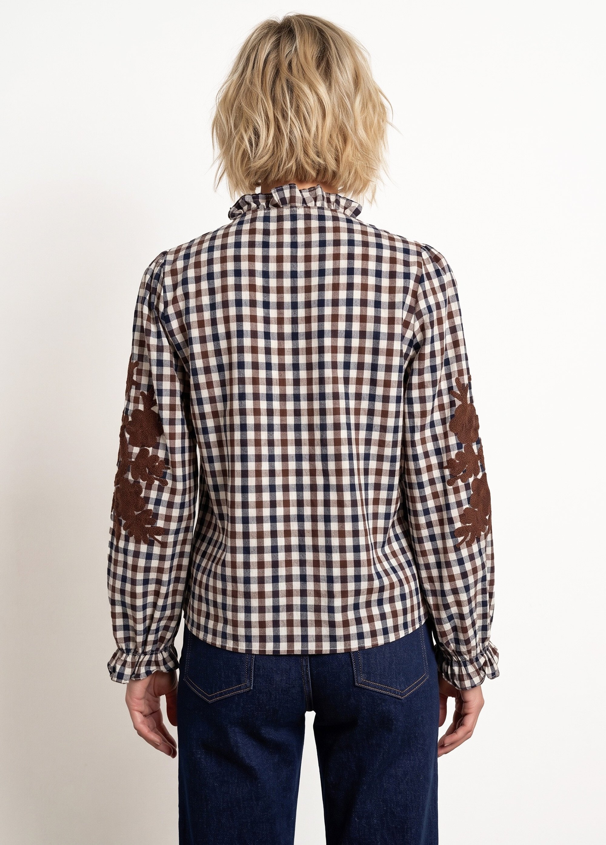 Chemisier à carreaux, broderies fleurs Femme Marron JB-B6363 DO1