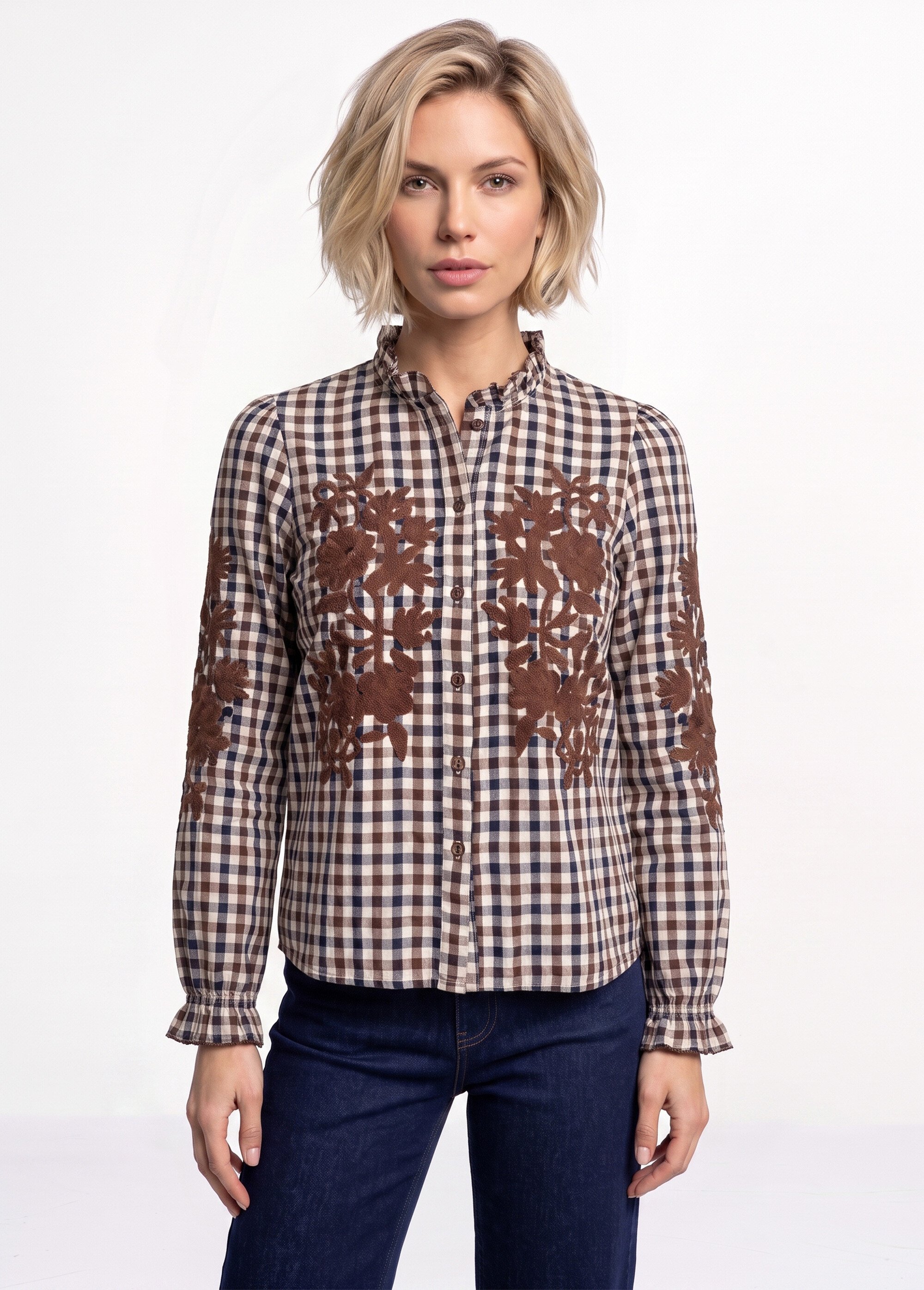Chemisier à carreaux, broderies fleurs Femme Marron JB-B6363 FA1