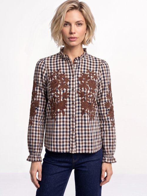Chemisier à carreaux, broderies fleurs Femme Marron JB-B6363 FA1