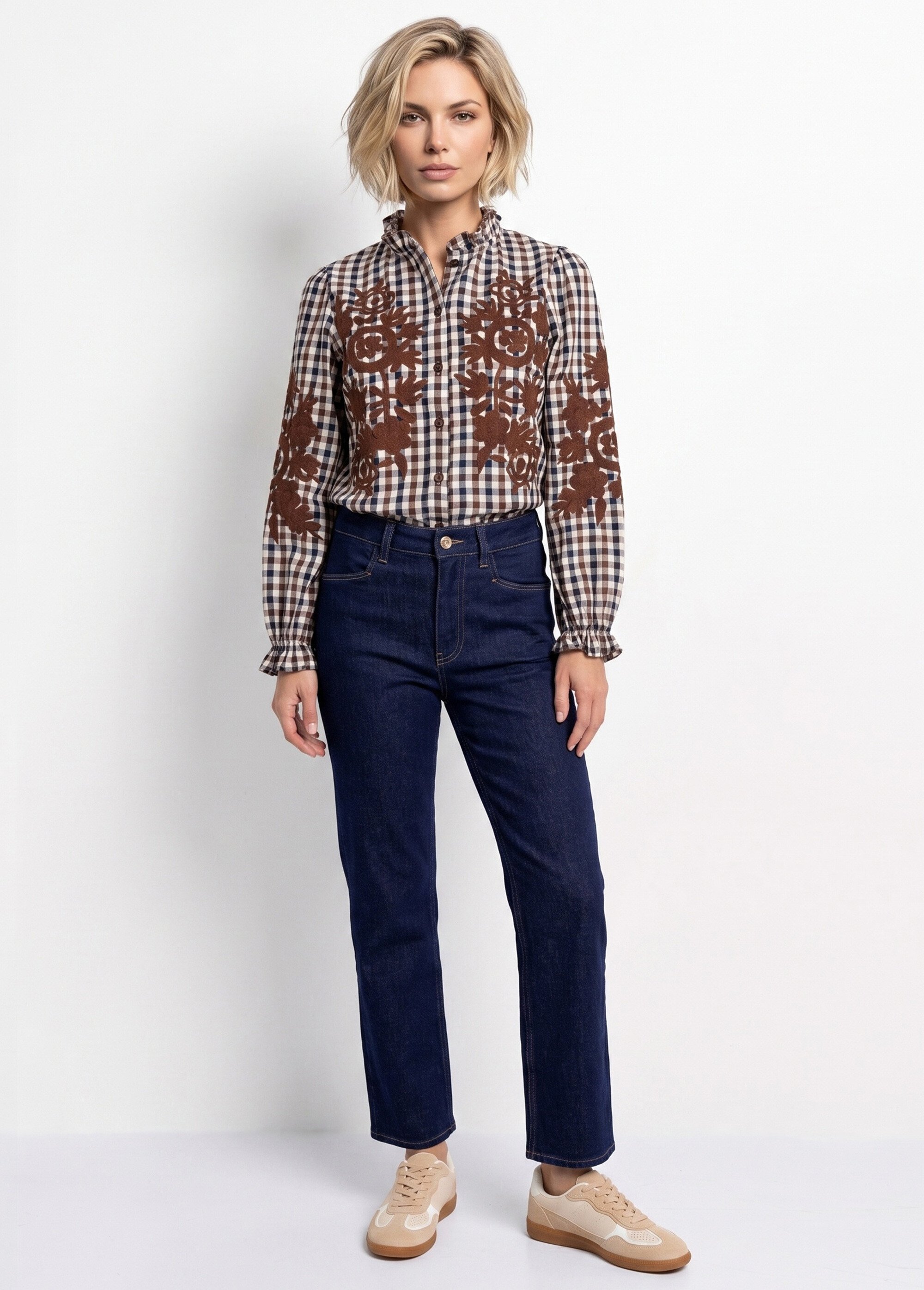 Chemisier à carreaux, broderies fleurs Femme Marron JB-B6363 SI1
