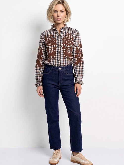 Chemisier à carreaux, broderies fleurs Femme Marron JB-B6363 SI1