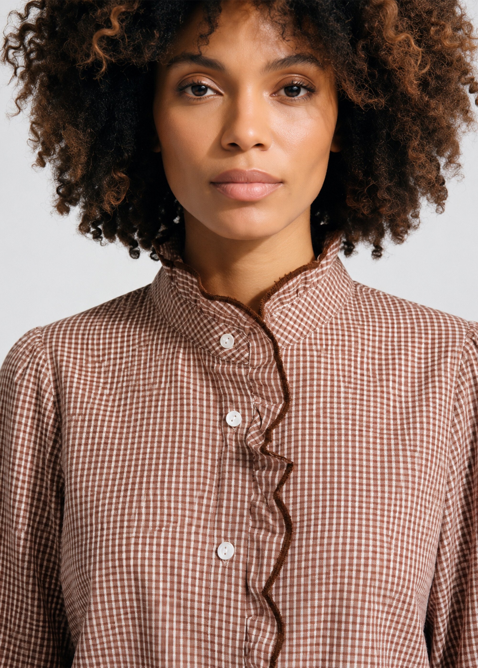 Chemisier à carreaux détails festonnés Femme Marron JB-B6165 DE1