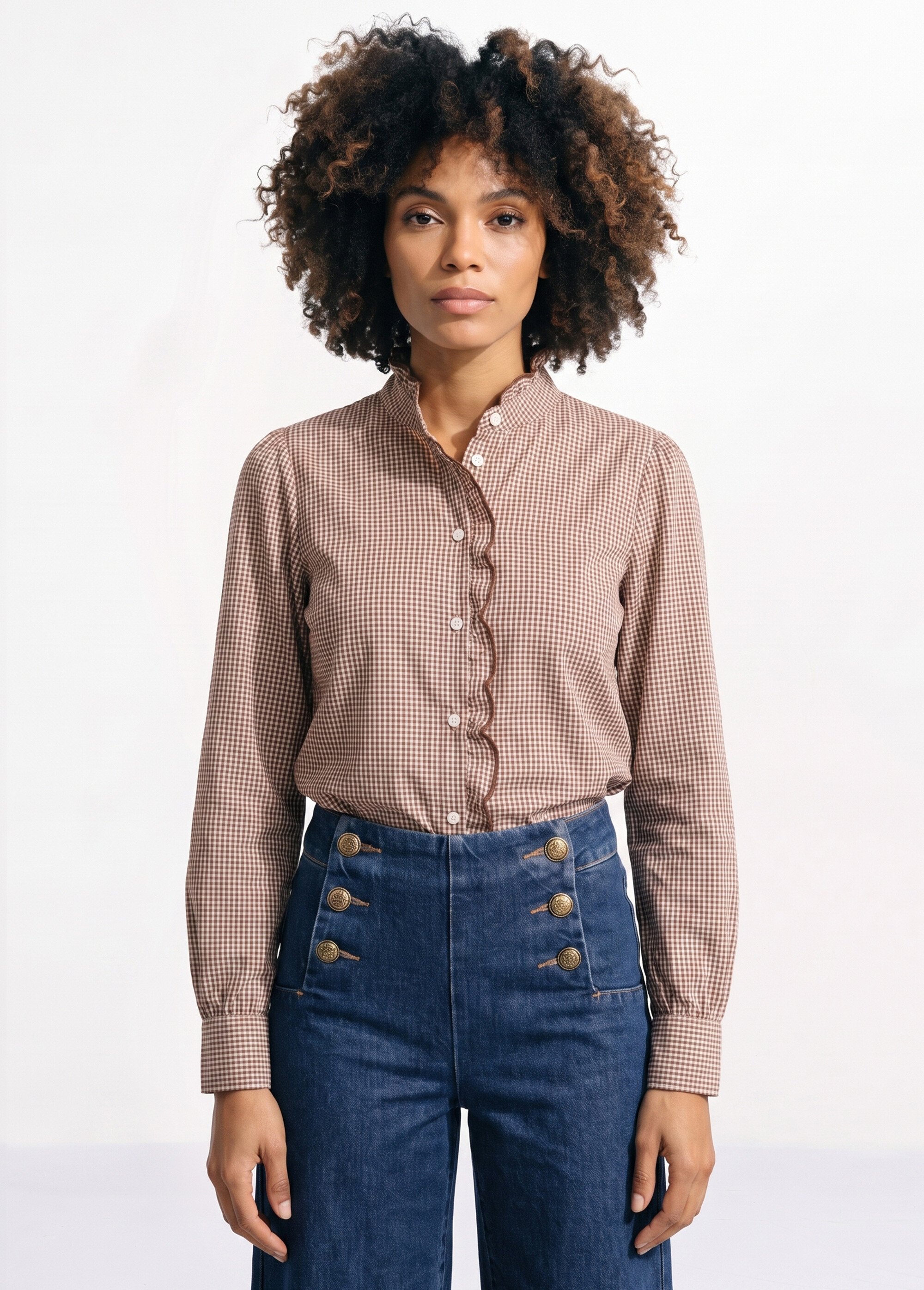 Chemisier à carreaux détails festonnés Femme Marron JB-B6165 FA1