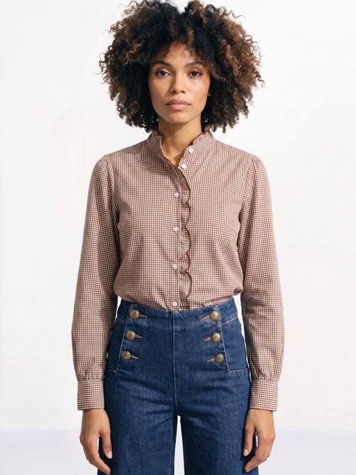 Chemisier à carreaux détails festonnés Femme Marron JB-B6165 FA1