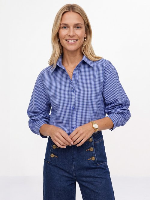 Chemisier à carreaux, manches fantaisie Femme Bleu JB-B6347 FA1