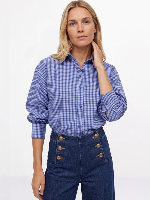Chemisier à carreaux, manches fantaisie Femme Bleu JB-B6347 MV1