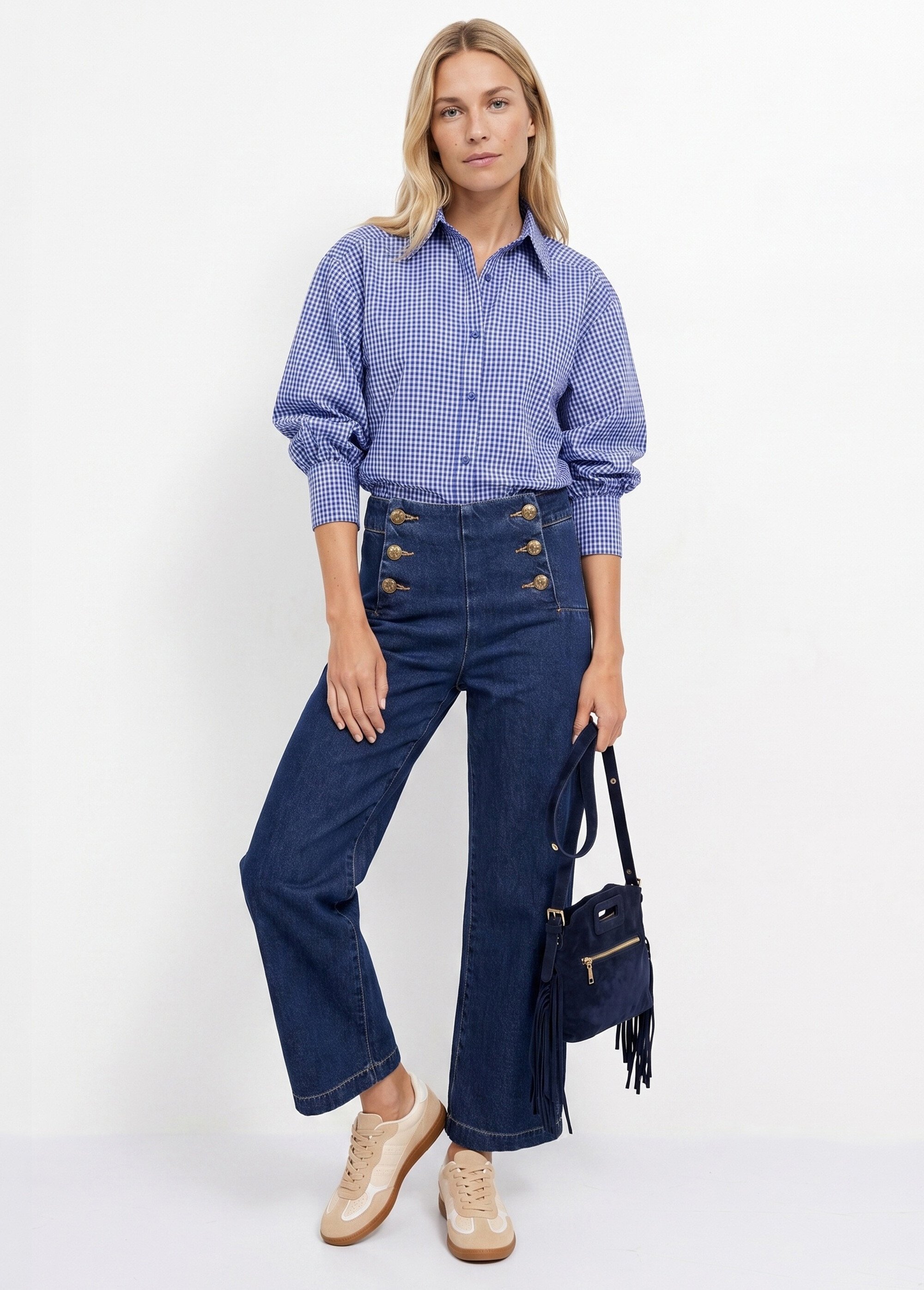 Chemisier à carreaux, manches fantaisie Femme Bleu JB-B6347 SI1