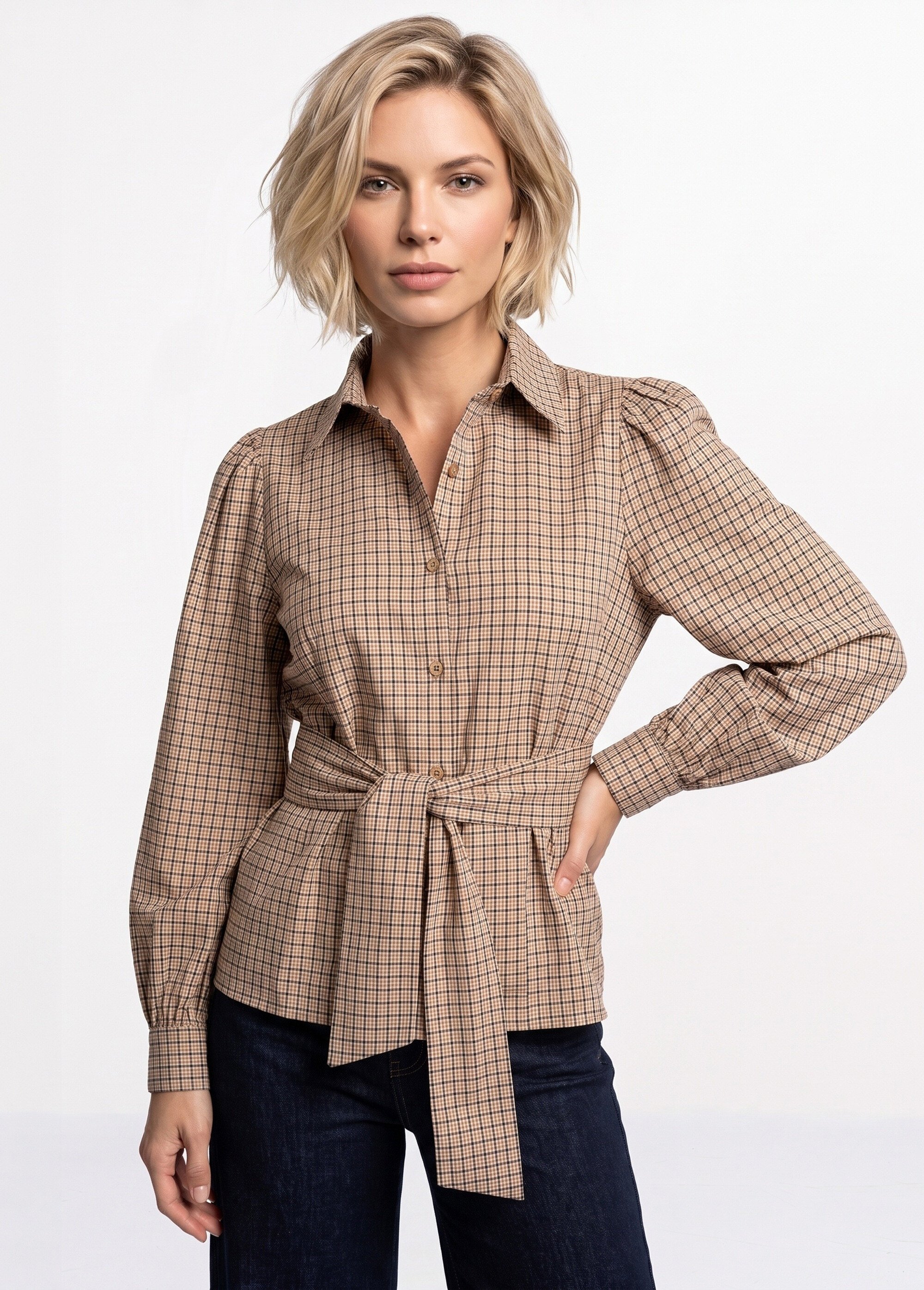 Chemisier à carreaux, taille à ceinturer Femme Marron JB-A6356 FA1