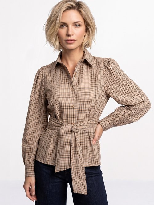 Chemisier à carreaux, taille à ceinturer Femme Marron JB-A6356 FA1