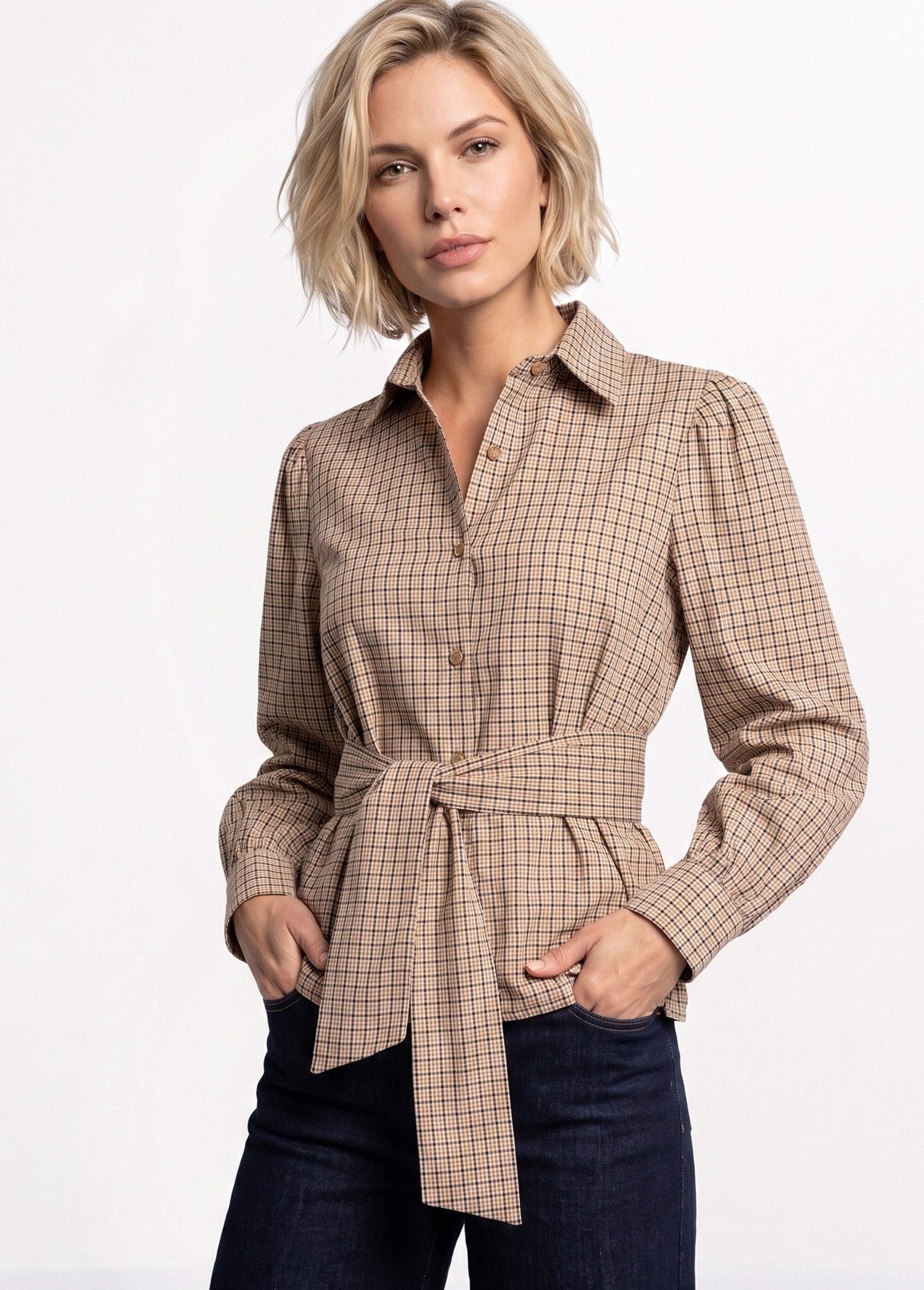 Chemisier à carreaux, taille à ceinturer Femme Marron JB-A6356 MV1
