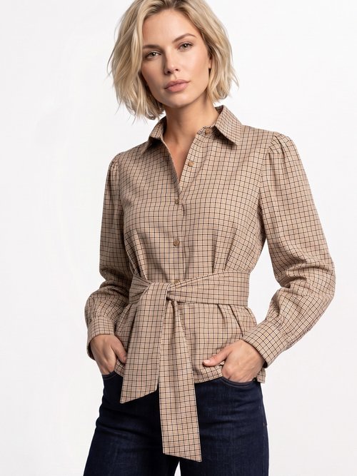 Chemisier à carreaux, taille à ceinturer Femme Marron JB-A6356 MV1