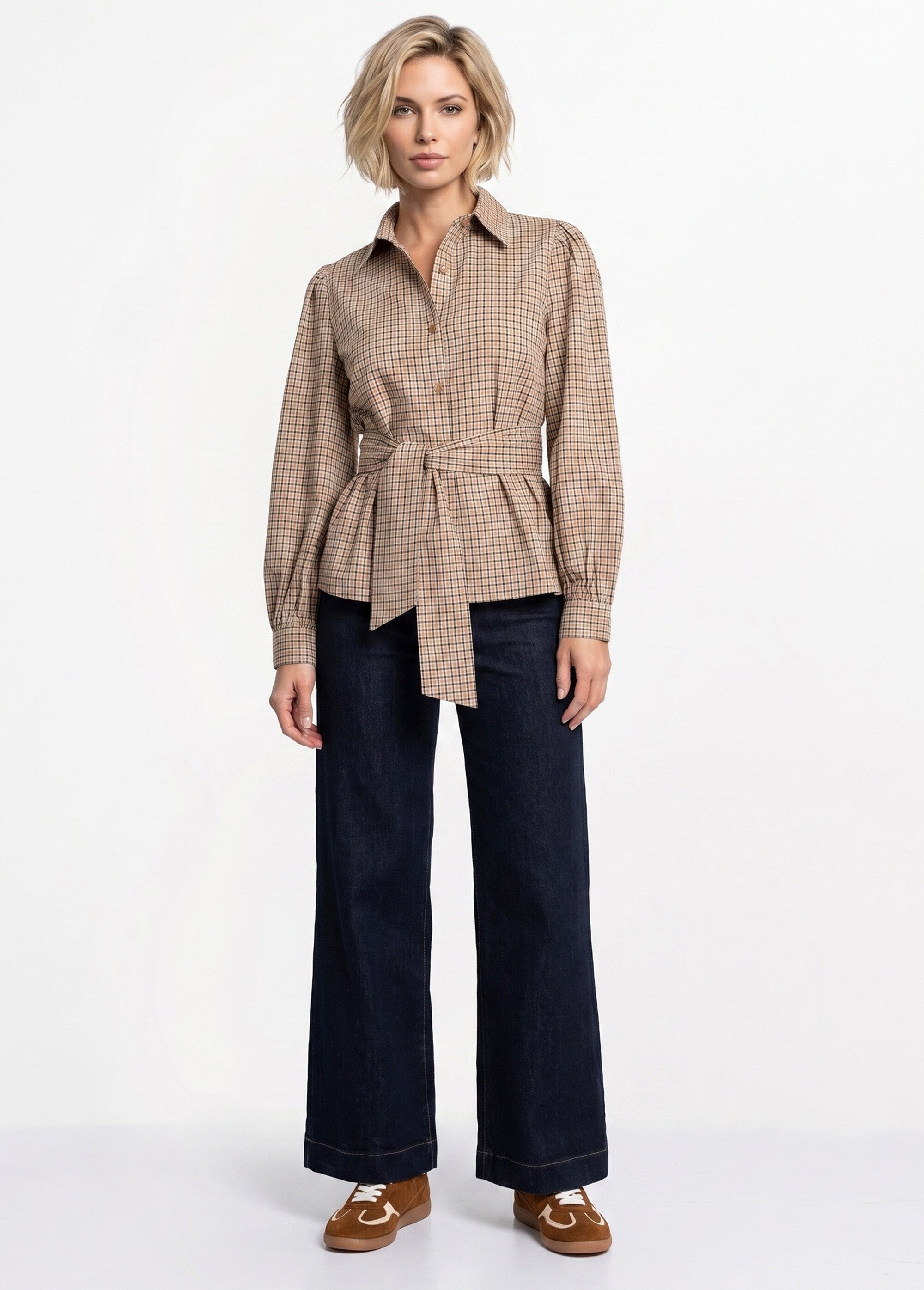 Chemisier à carreaux, taille à ceinturer Femme Marron JB-A6356 SI1