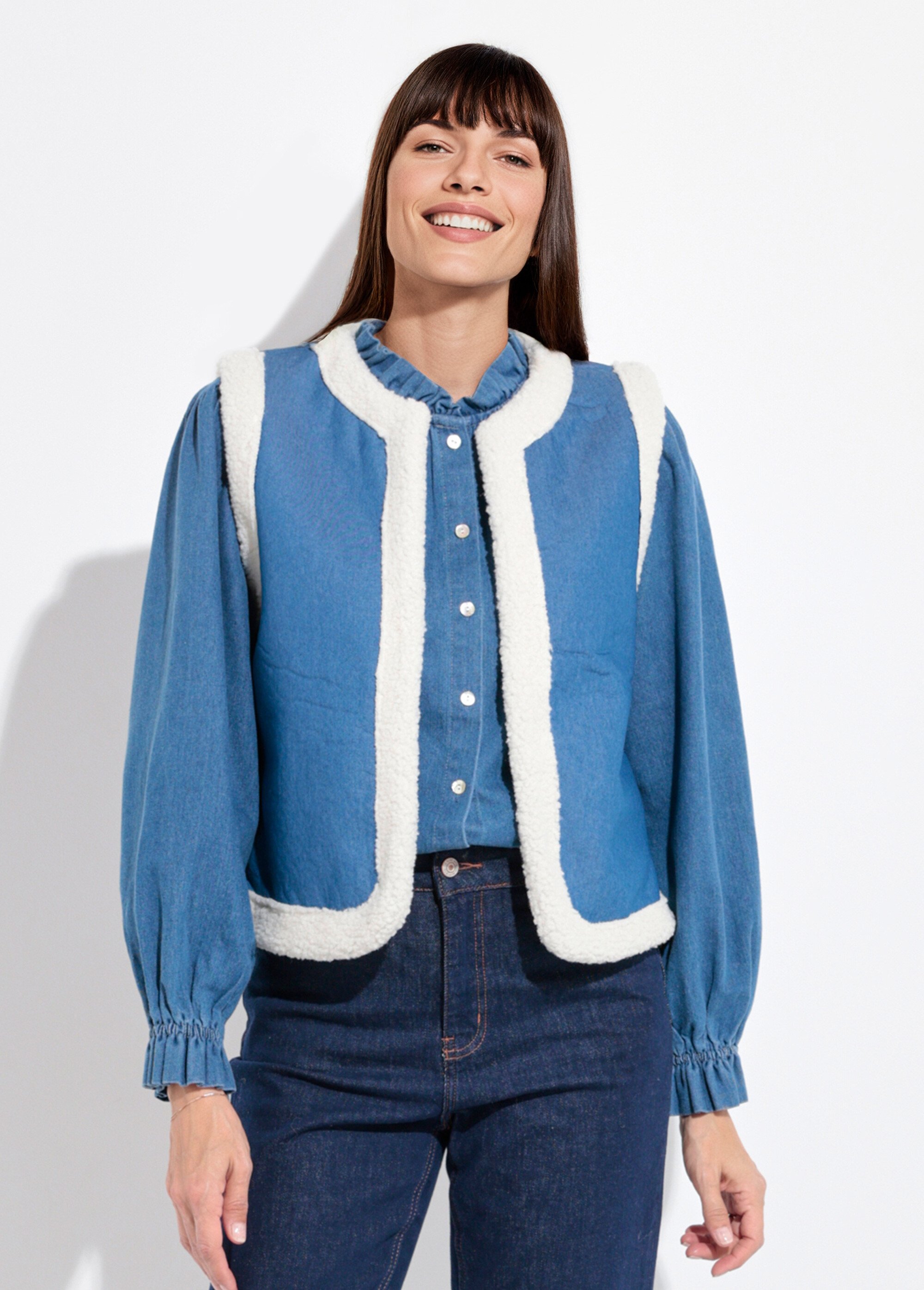 Gilet berger denim façon mouton retourné Femme Bleu IA-R5868 FA1