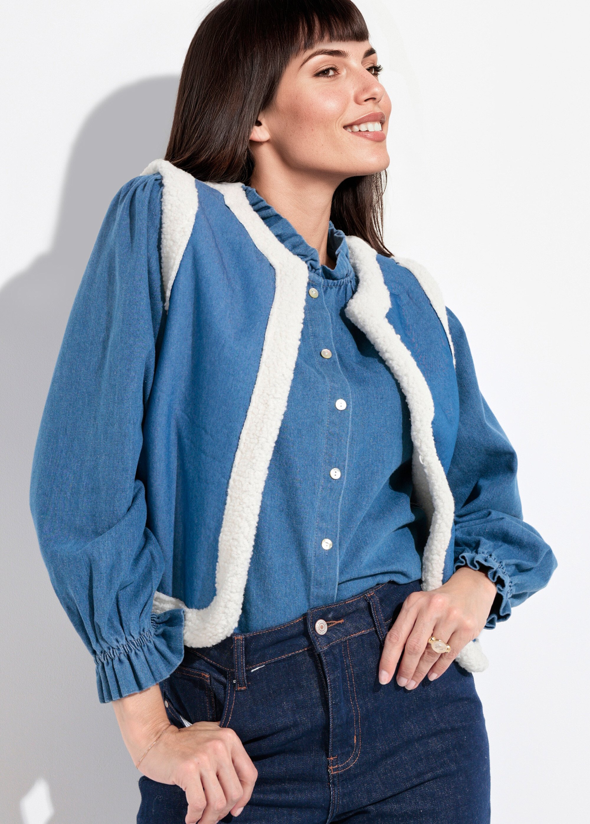 Gilet berger denim façon mouton retourné Femme Bleu IA-R5868 MV1