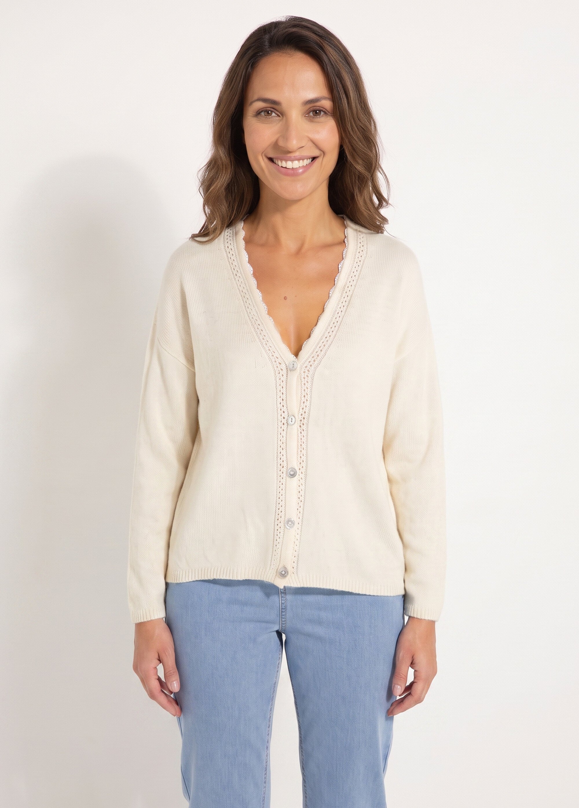 Gilet boutonné col V ajouré et macramé Femme Beige PADILLA FA1