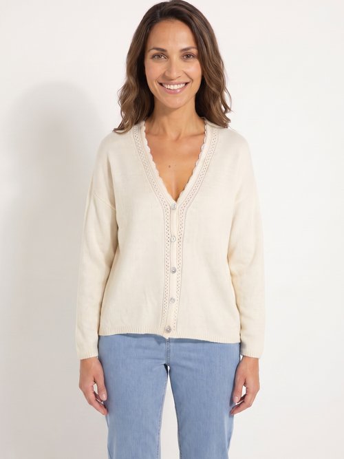 Gilet boutonné col V ajouré et macramé Femme Beige PADILLA FA1