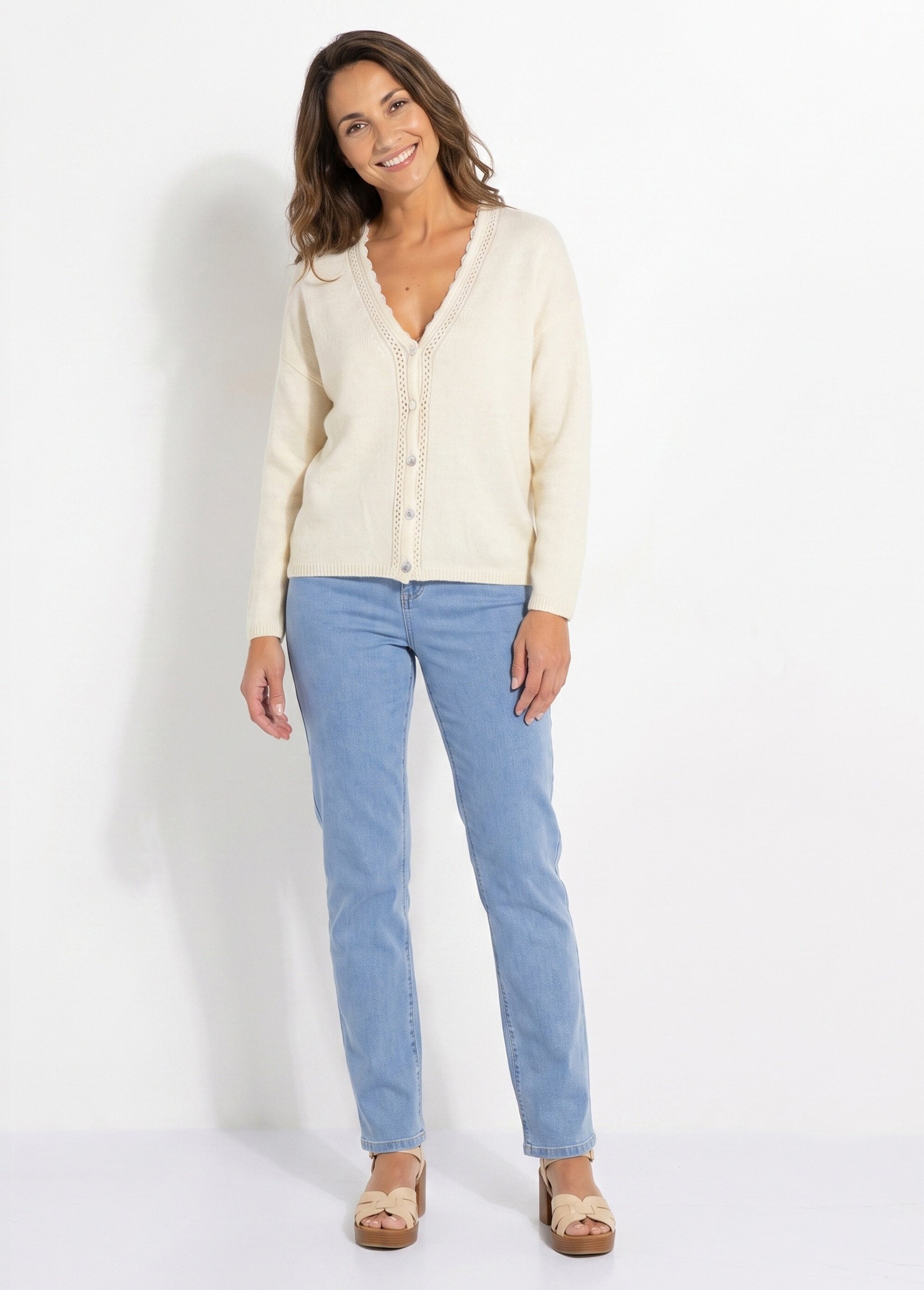 Gilet boutonné col V ajouré et macramé Femme Beige PADILLA SI1