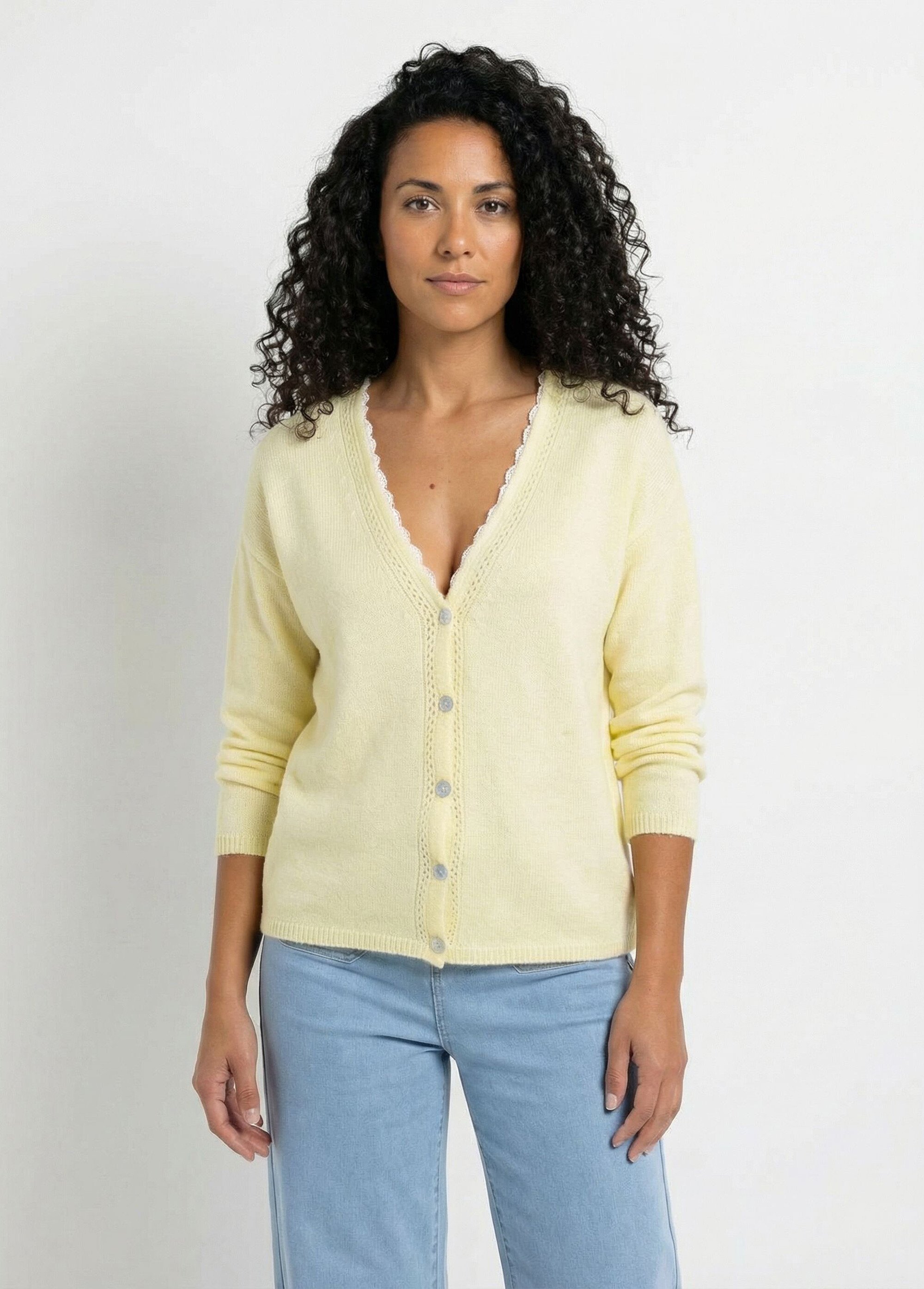 Gilet boutonné col V jersey, ajouré et macramé Femme Jaune PADILLA FA1