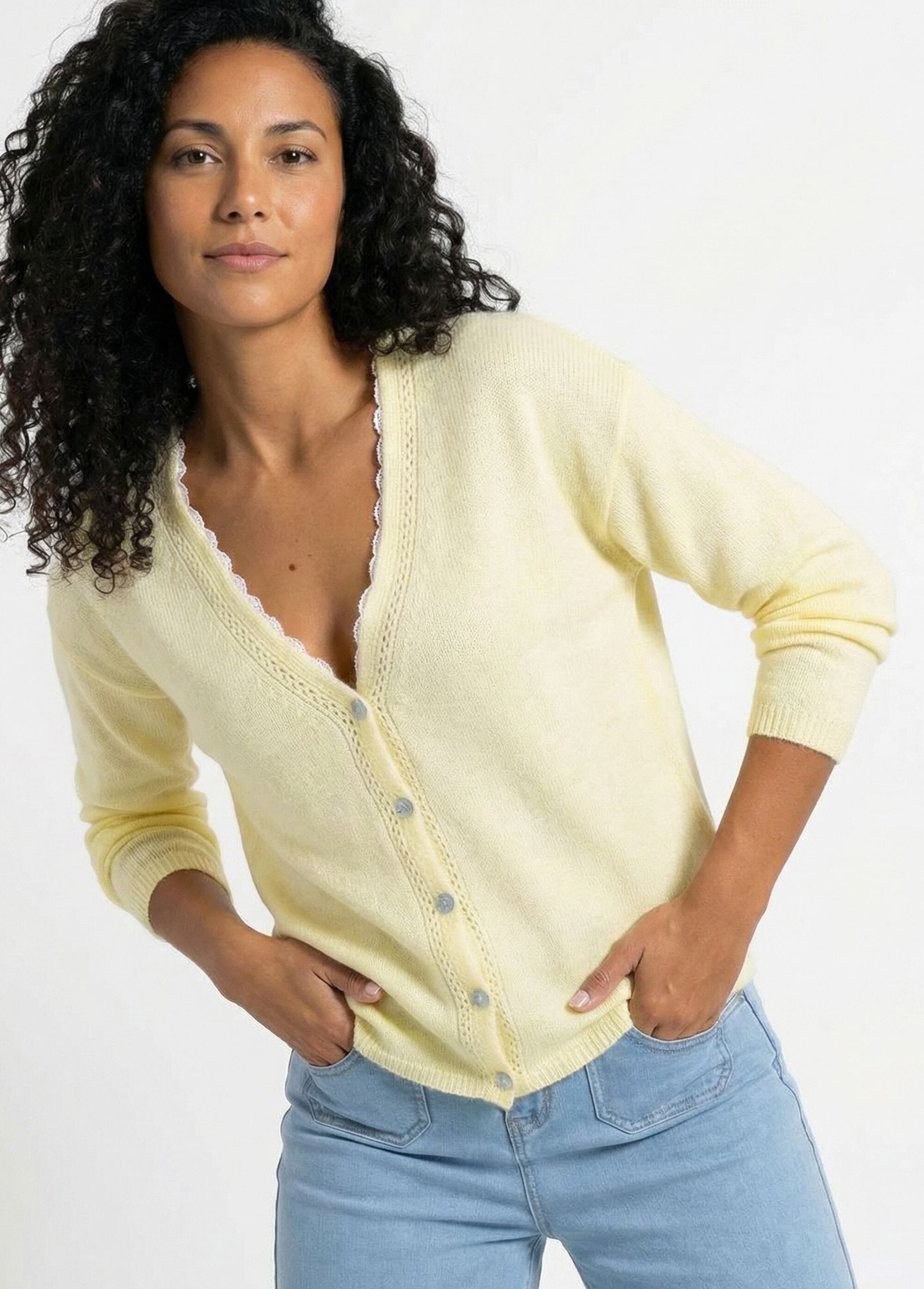 Gilet boutonné col V jersey, ajouré et macramé Femme Jaune PADILLA MV1