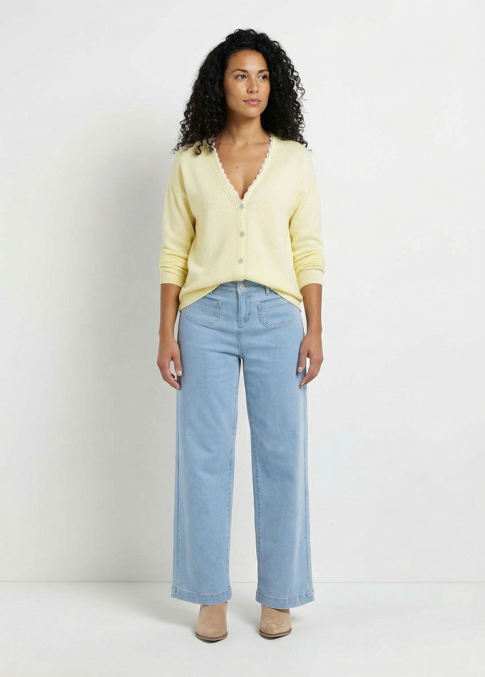 Gilet boutonné col V jersey, ajouré et macramé Femme Jaune PADILLA SF1