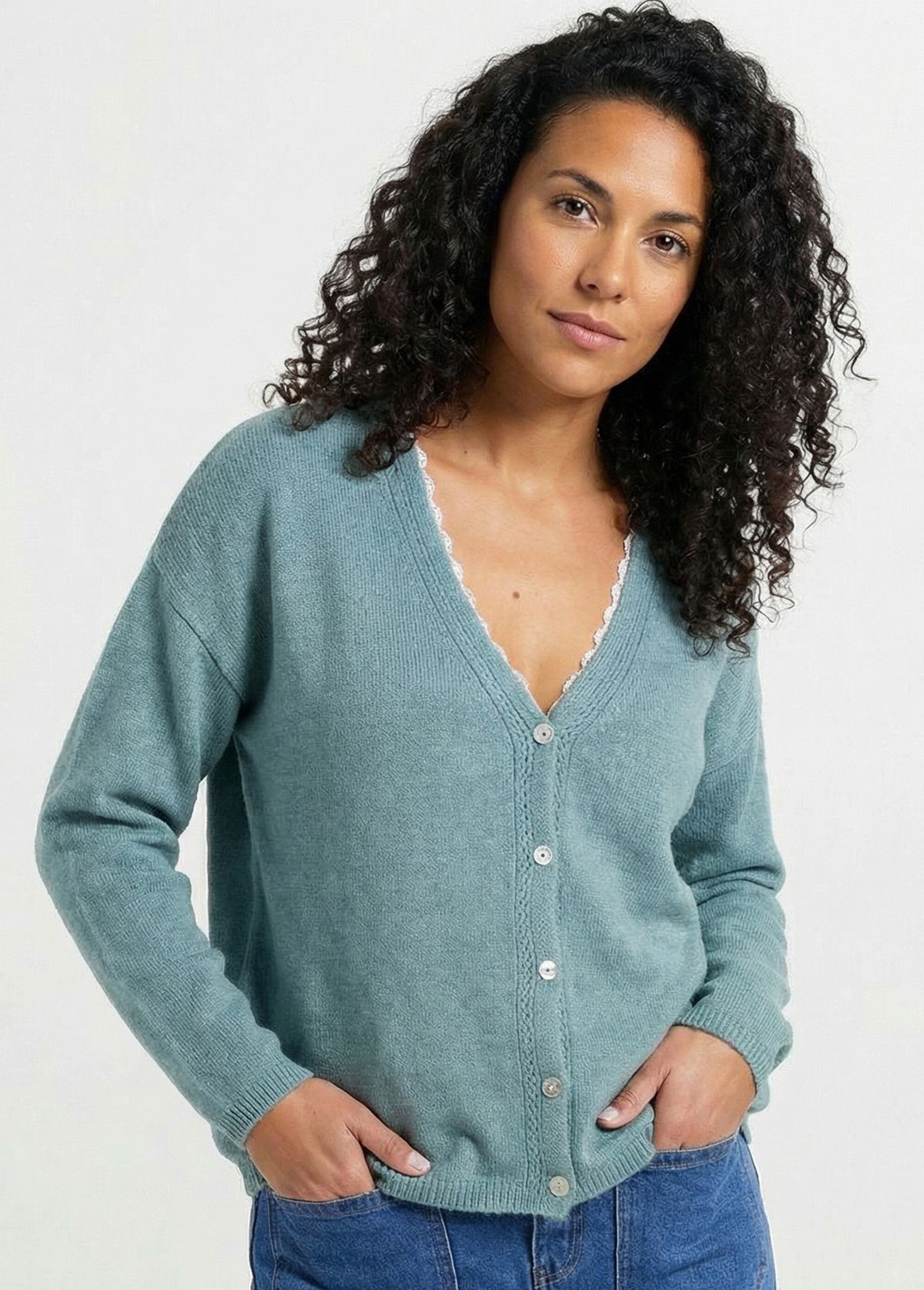 Gilet boutonné col V jersey, ajouré et macramé