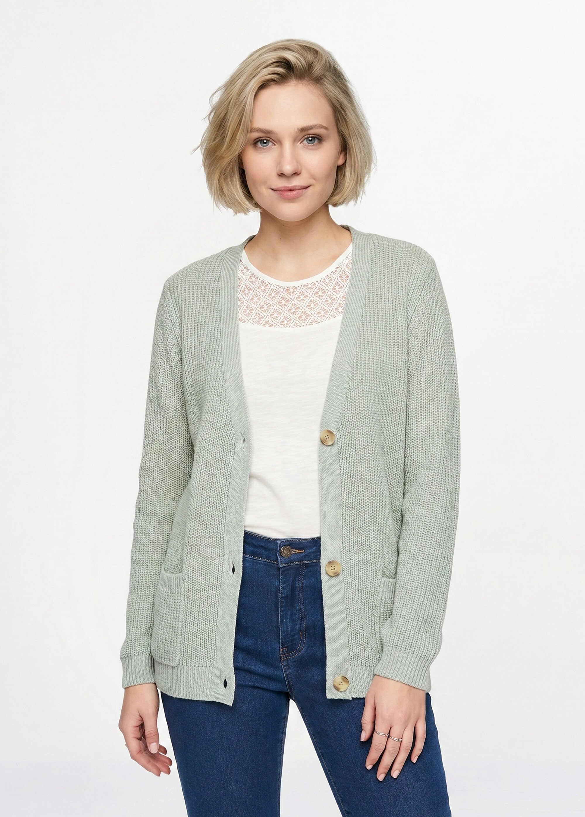 Gilet long boutonné brillant manches longues Femme Vert MACOUBA FA1