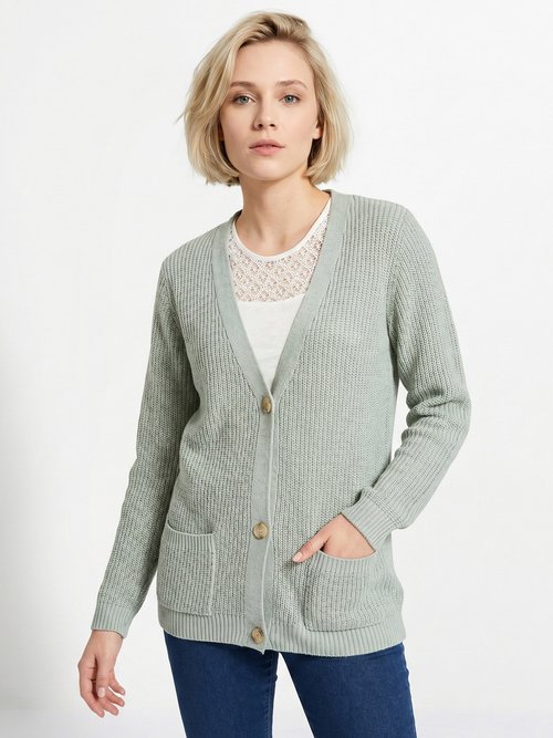 Gilet long boutonné brillant manches longues Femme Vert MACOUBA MV1