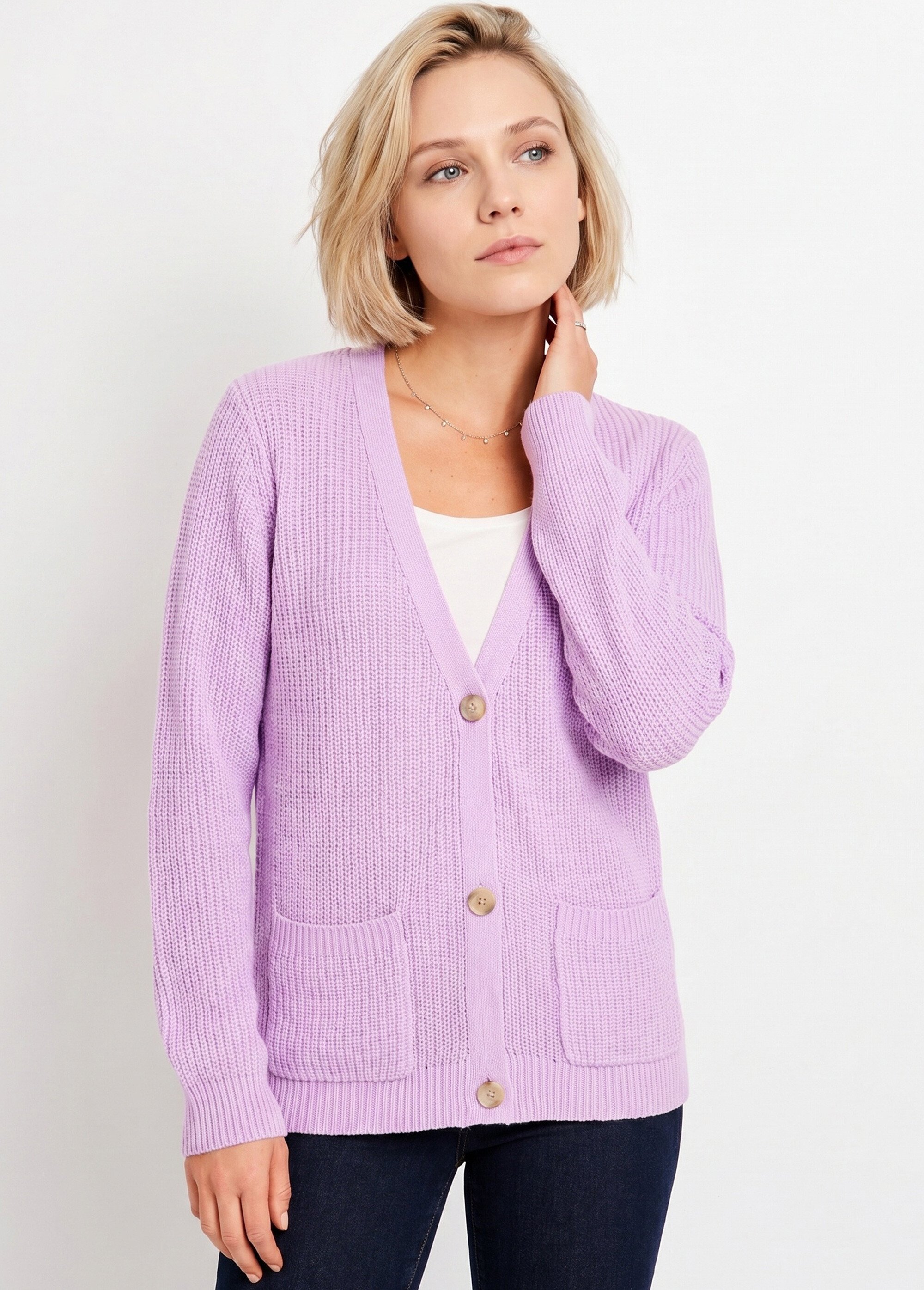 Gilet long boutonné brillant manches longues Femme Violet MACOUBA MV1