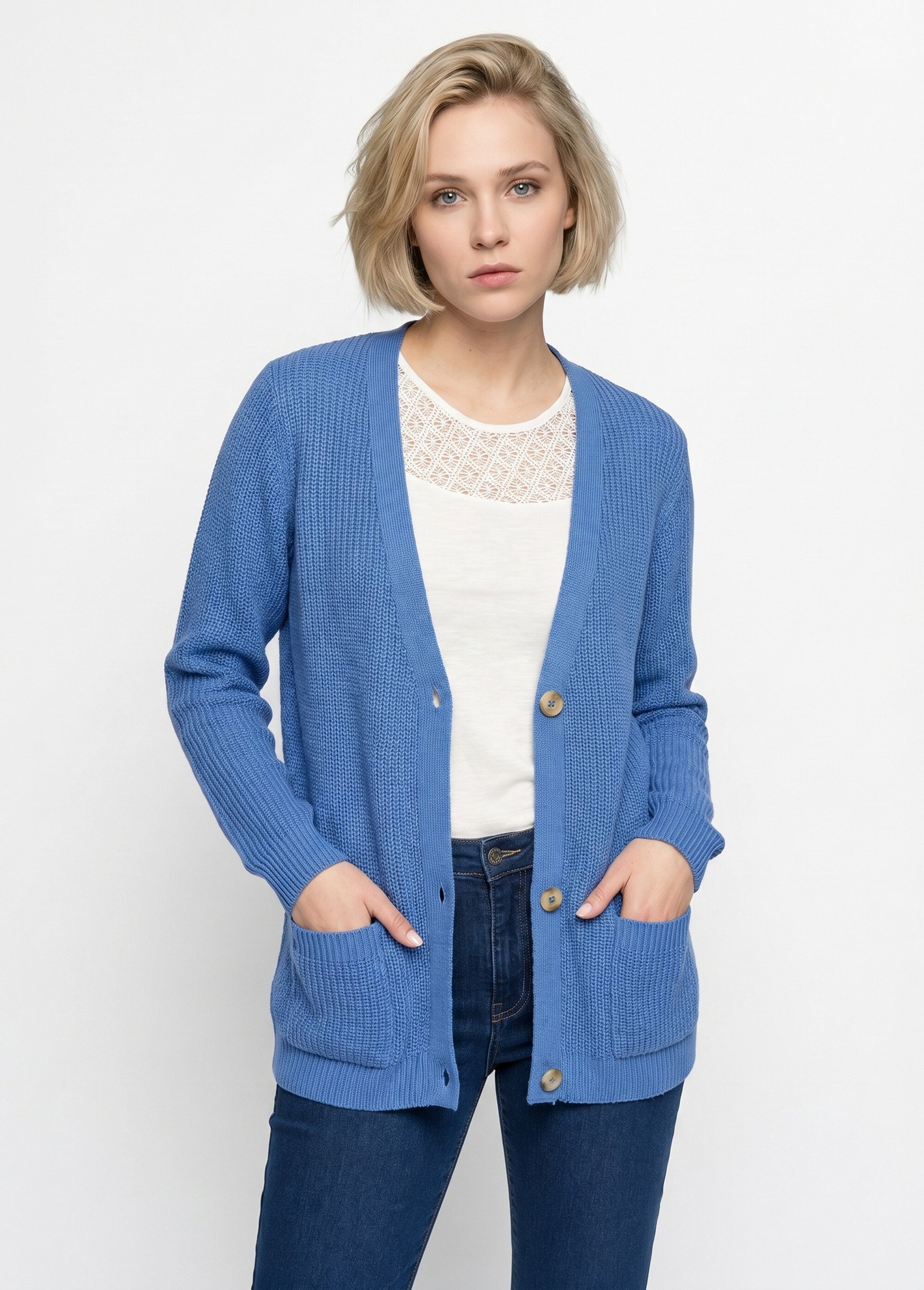 Gilet long boutonné brillant manches longues Femme Bleu MACOUBA FA1