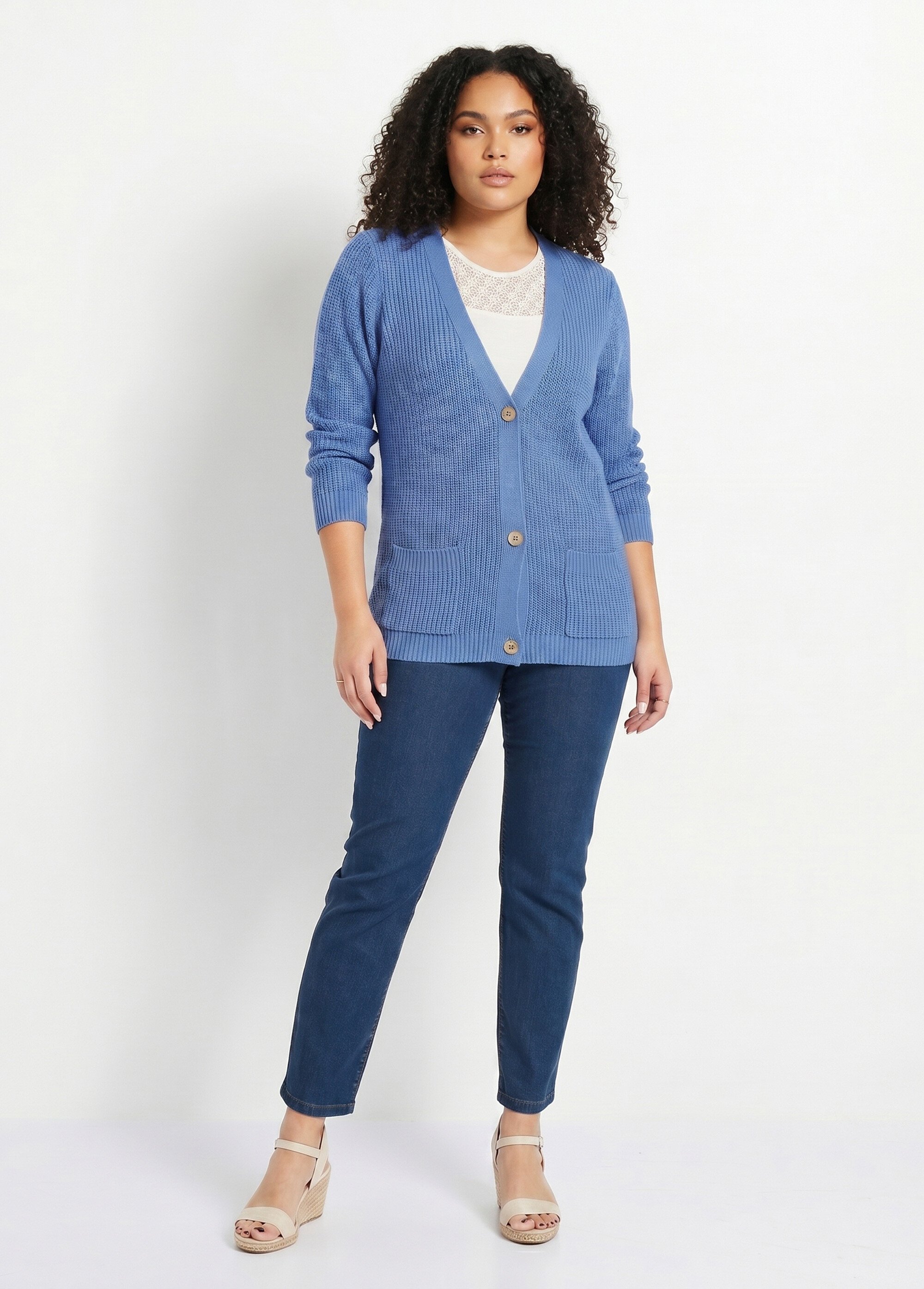 Gilet long boutonné brillant manches longues Femme Grande Taille Bleu MACOUBA SI1