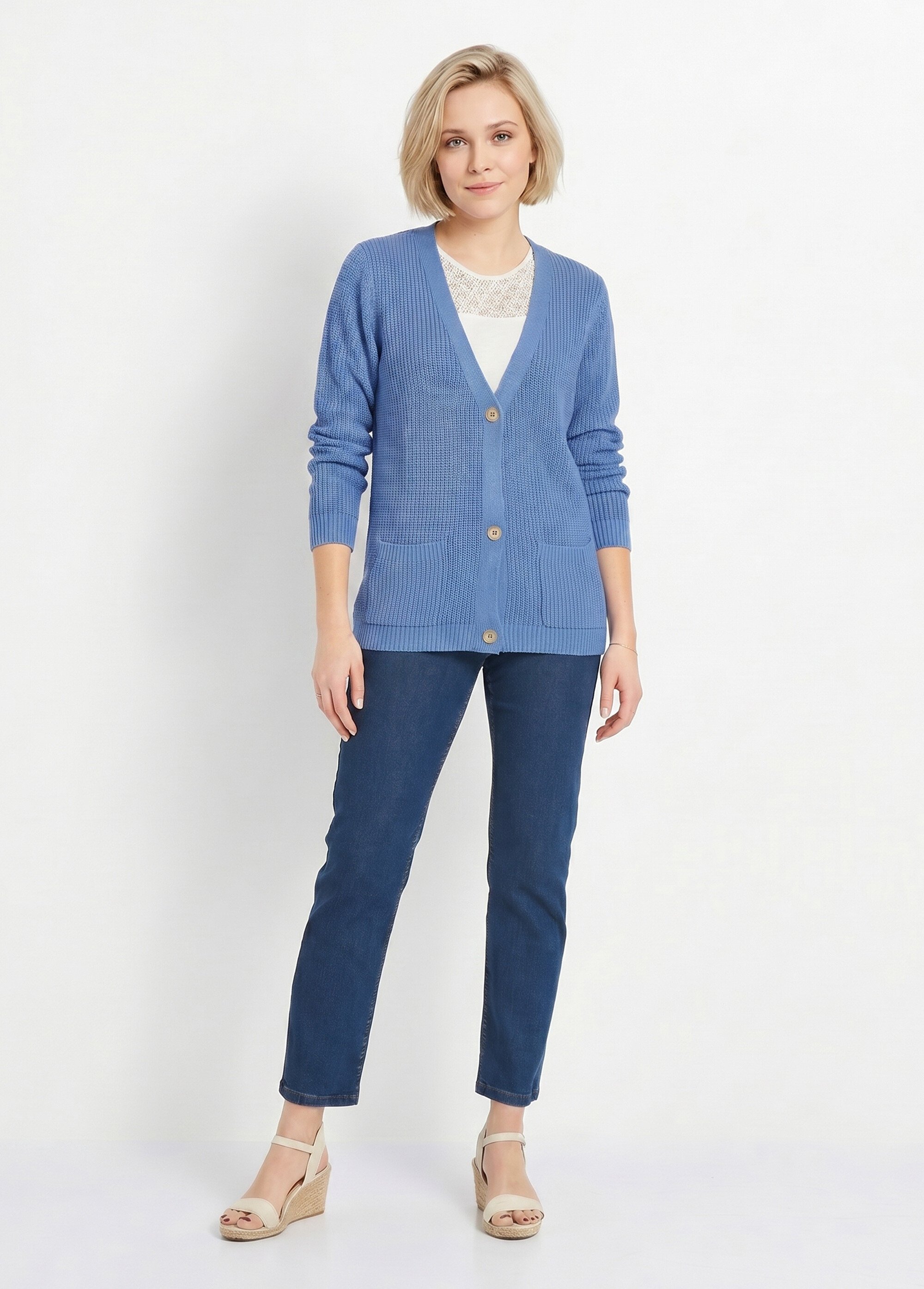 Gilet long boutonné brillant manches longues Femme Bleu MACOUBA SI1
