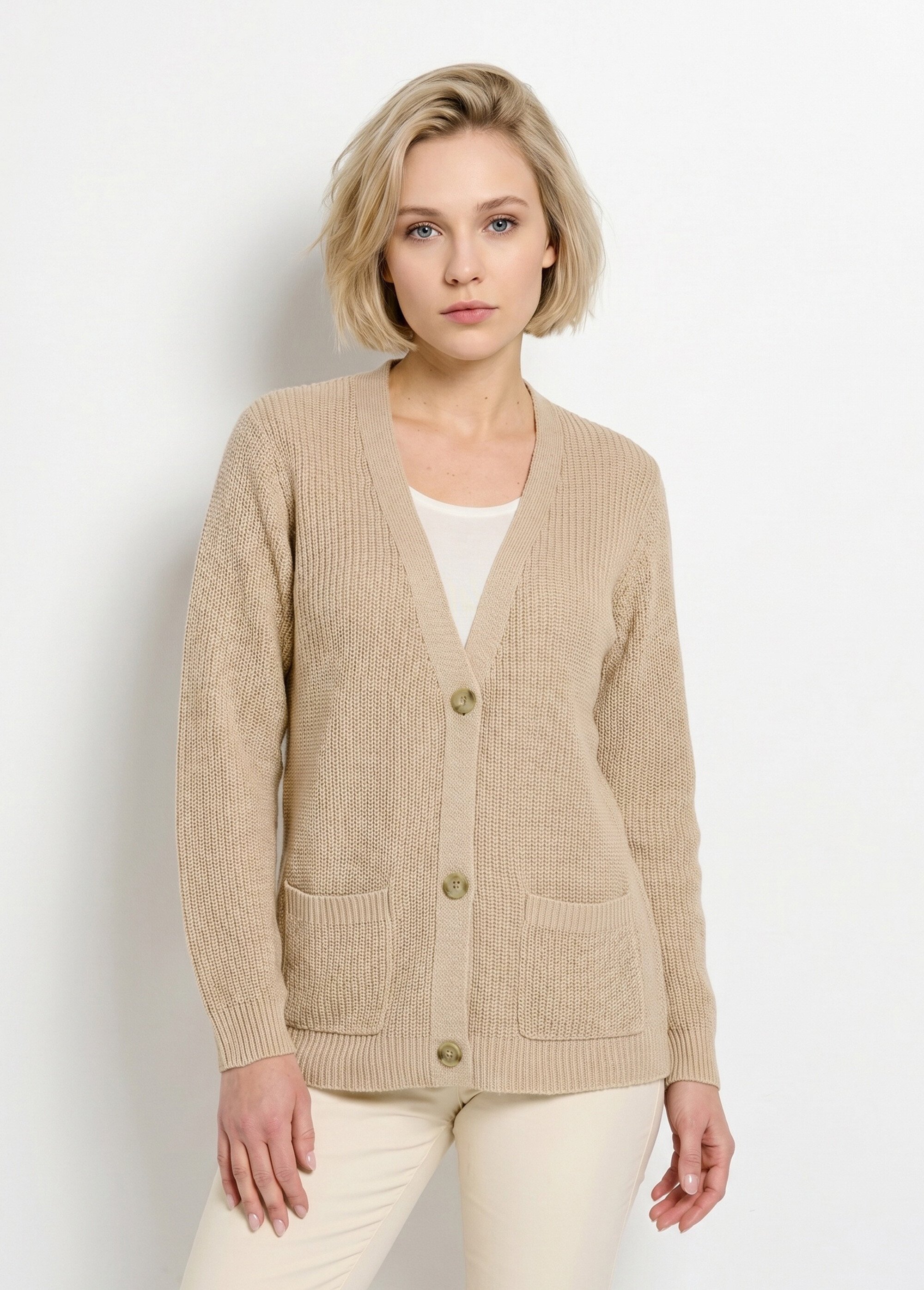 Gilet long boutonné brillant manches longues Femme Beige MACOUBA FA1