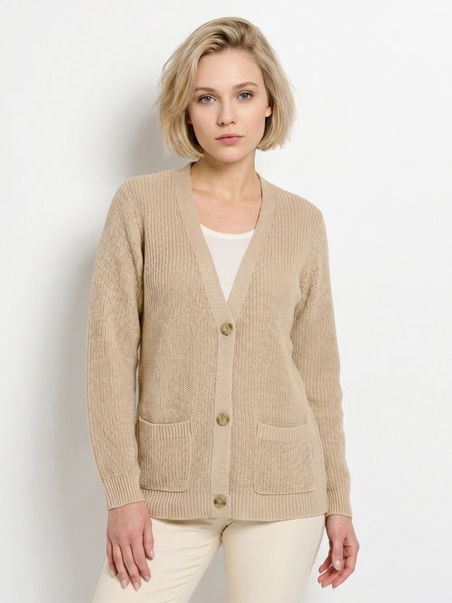 Gilet long boutonné brillant manches longues Femme Beige MACOUBA FA1