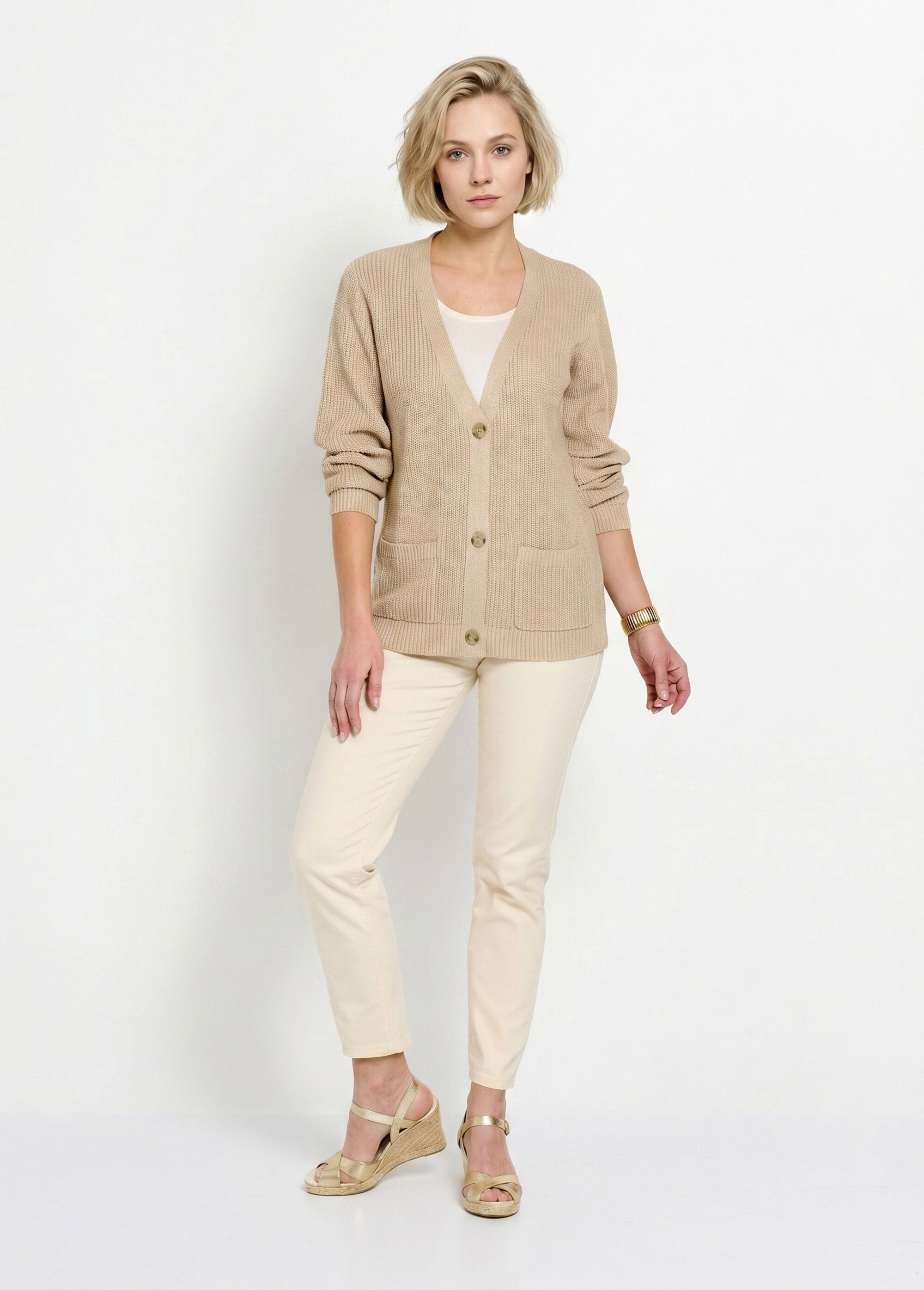 Gilet long boutonné brillant manches longues Femme Beige MACOUBA SI1