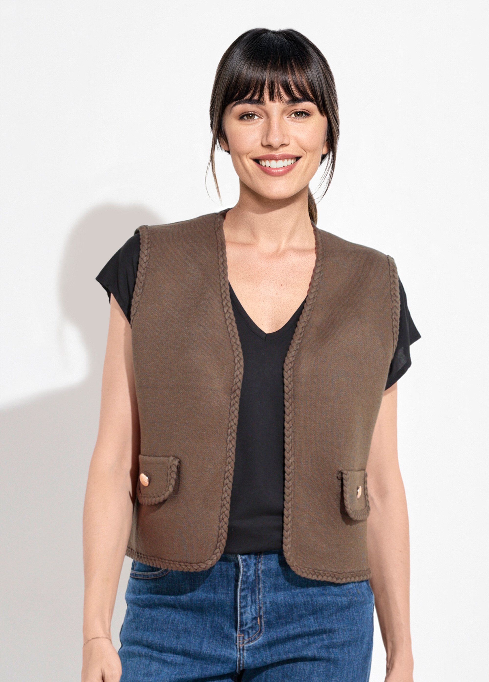 Gilet sans manches épais détails tressés Femme Vert IA-AR820 FA1