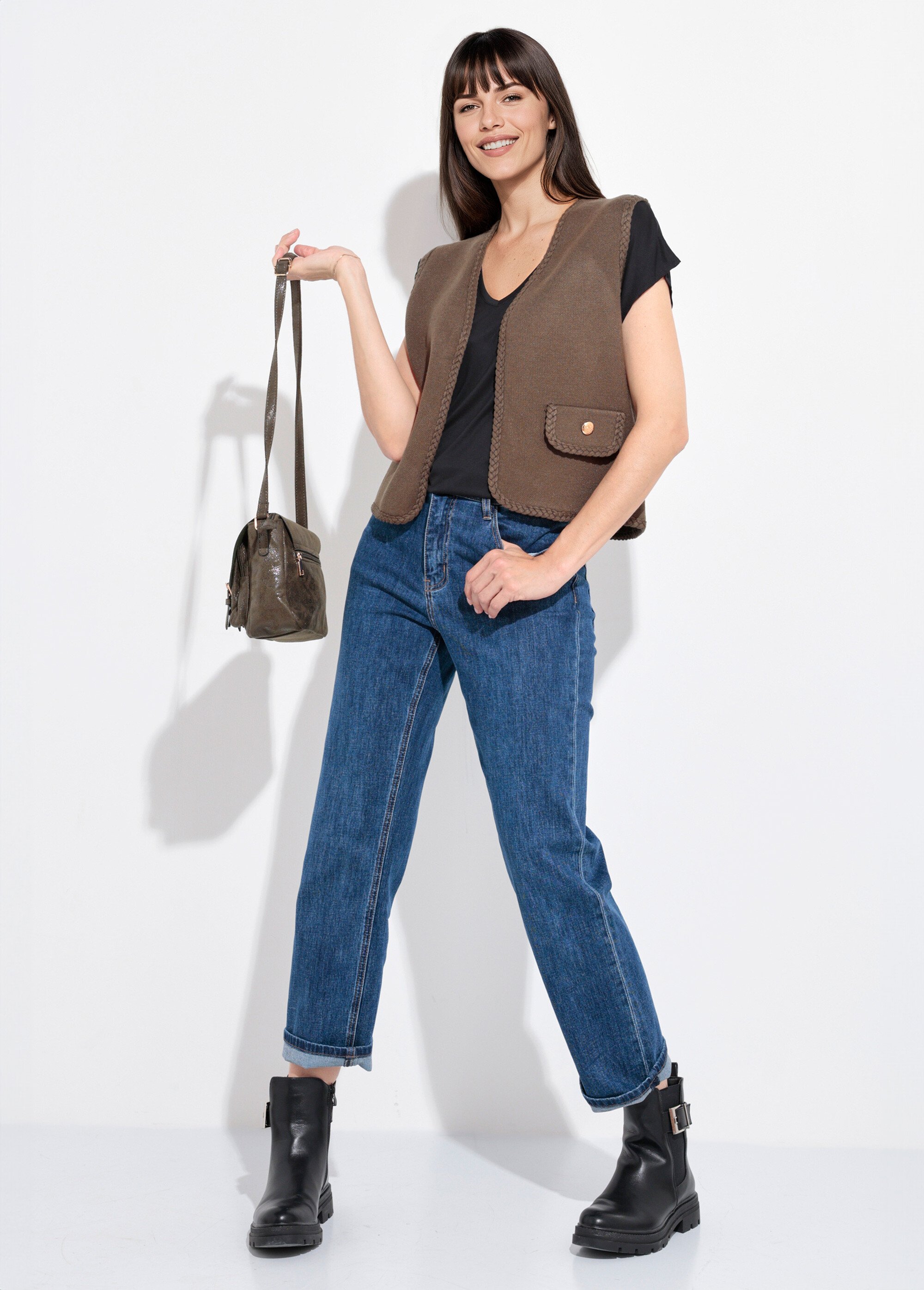 Gilet sans manches épais détails tressés Femme Vert IA-AR820 SI1