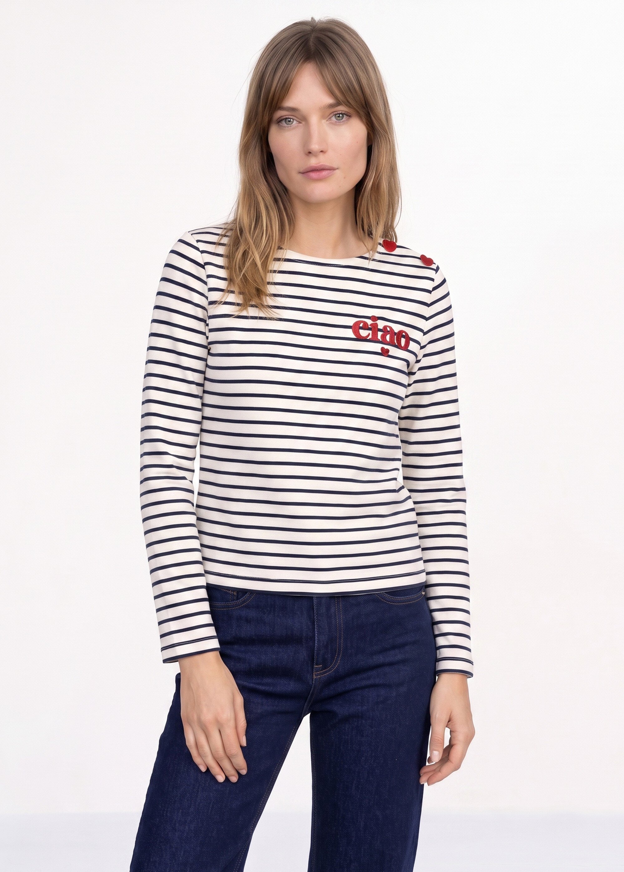 Marinière rayée détails message et cœurs Femme Beige JB-B6425 FA1