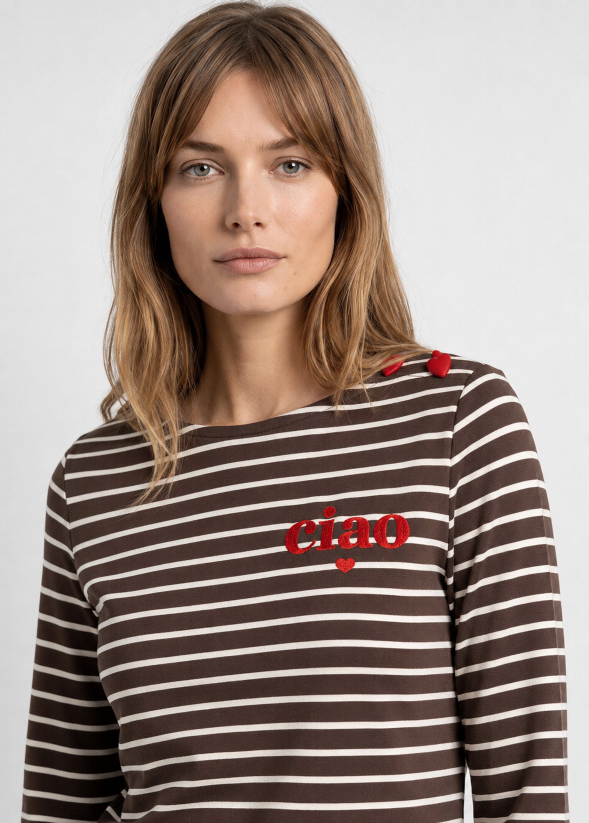 Marinière rayée détails message et cœurs Femme Marron JB-B6425 DE1