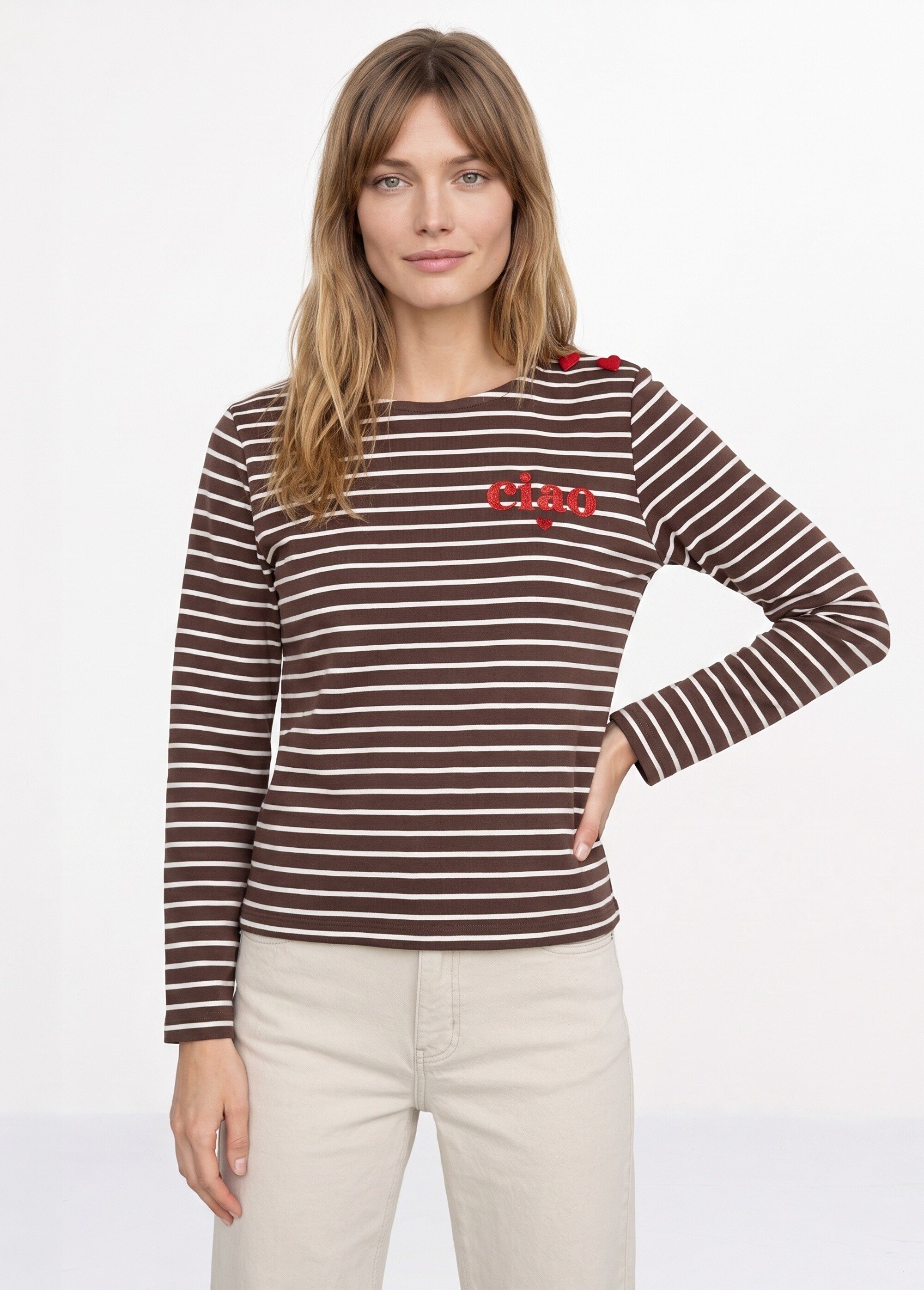 Marinière rayée détails message et cœurs Femme Marron JB-B6425 FA1