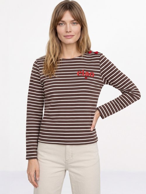 Marinière rayée détails message et cœurs Femme Marron JB-B6425 FA1