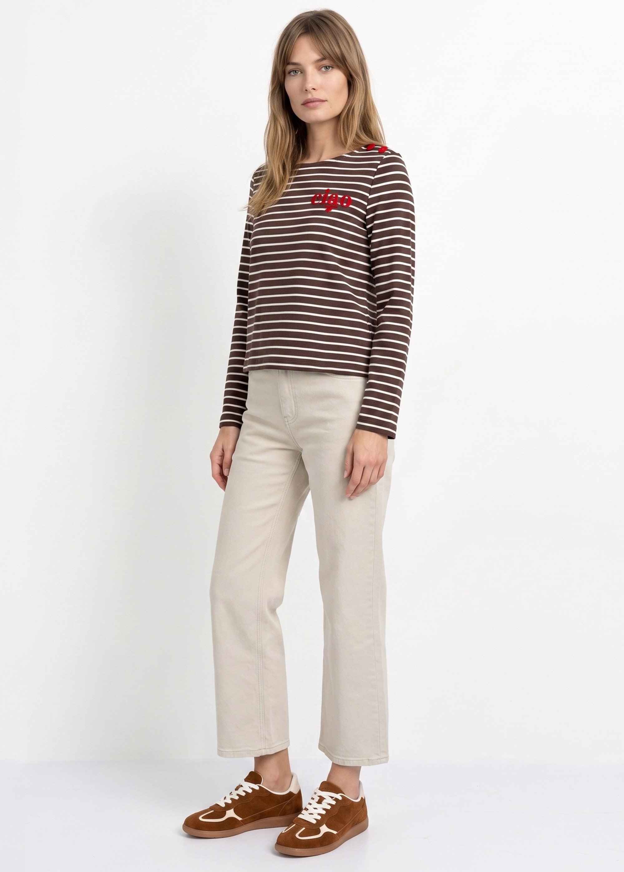 Marinière rayée détails message et cœurs Femme Marron JB-B6425 SI1