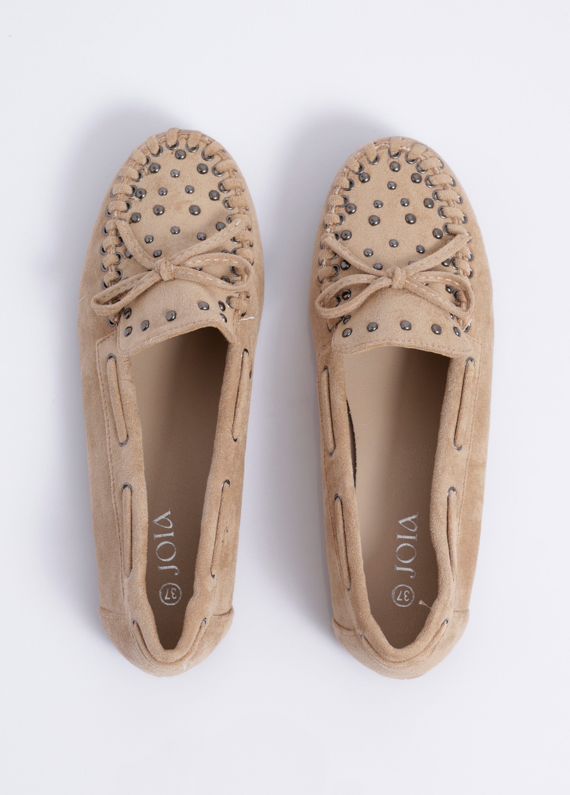 Mocassins avec liens et clous métal Femme Beige JOIH8-982H OV1