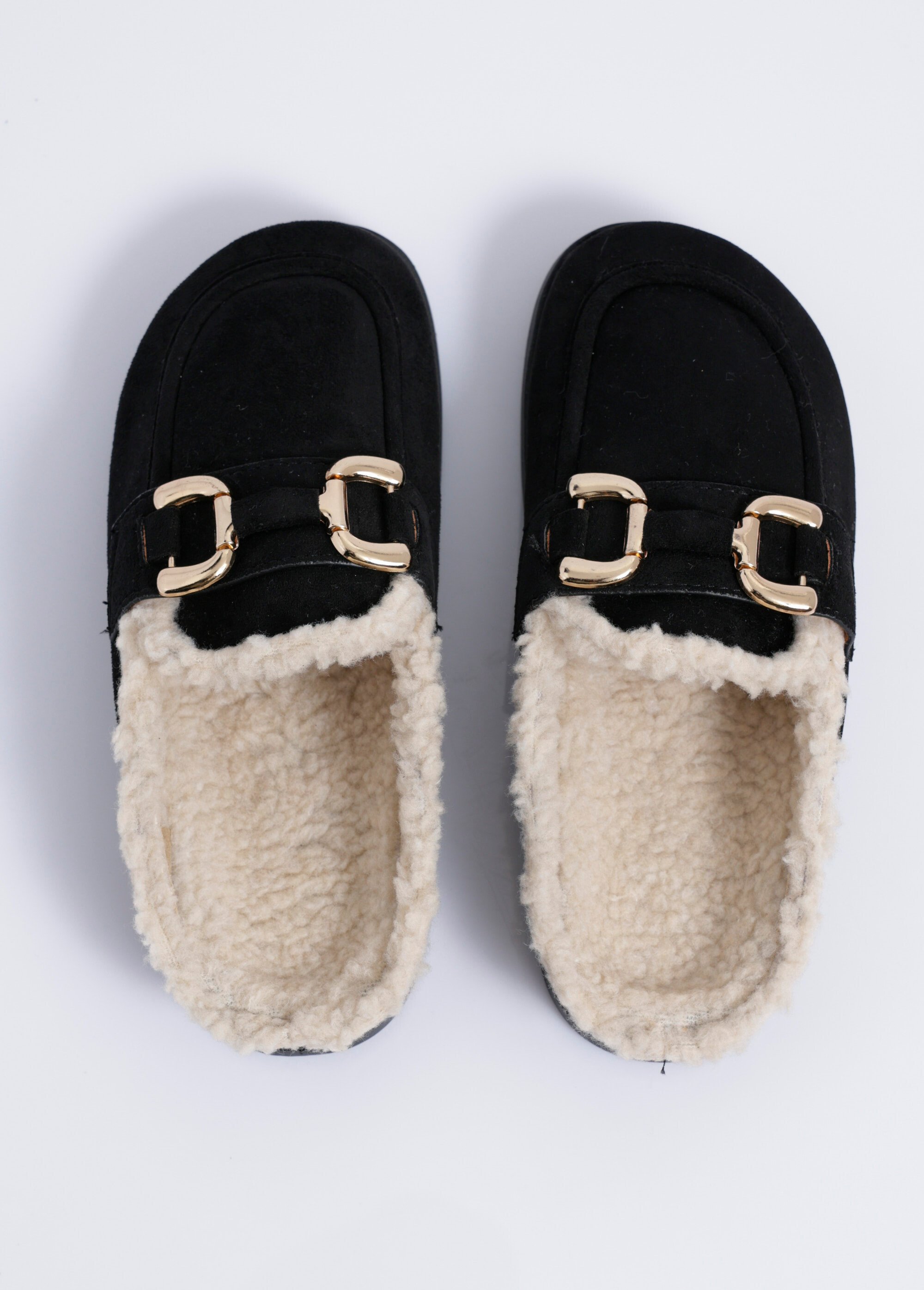 Mules en suédine fourrées et bride métal Femme Noir JOIH8-976C OV1