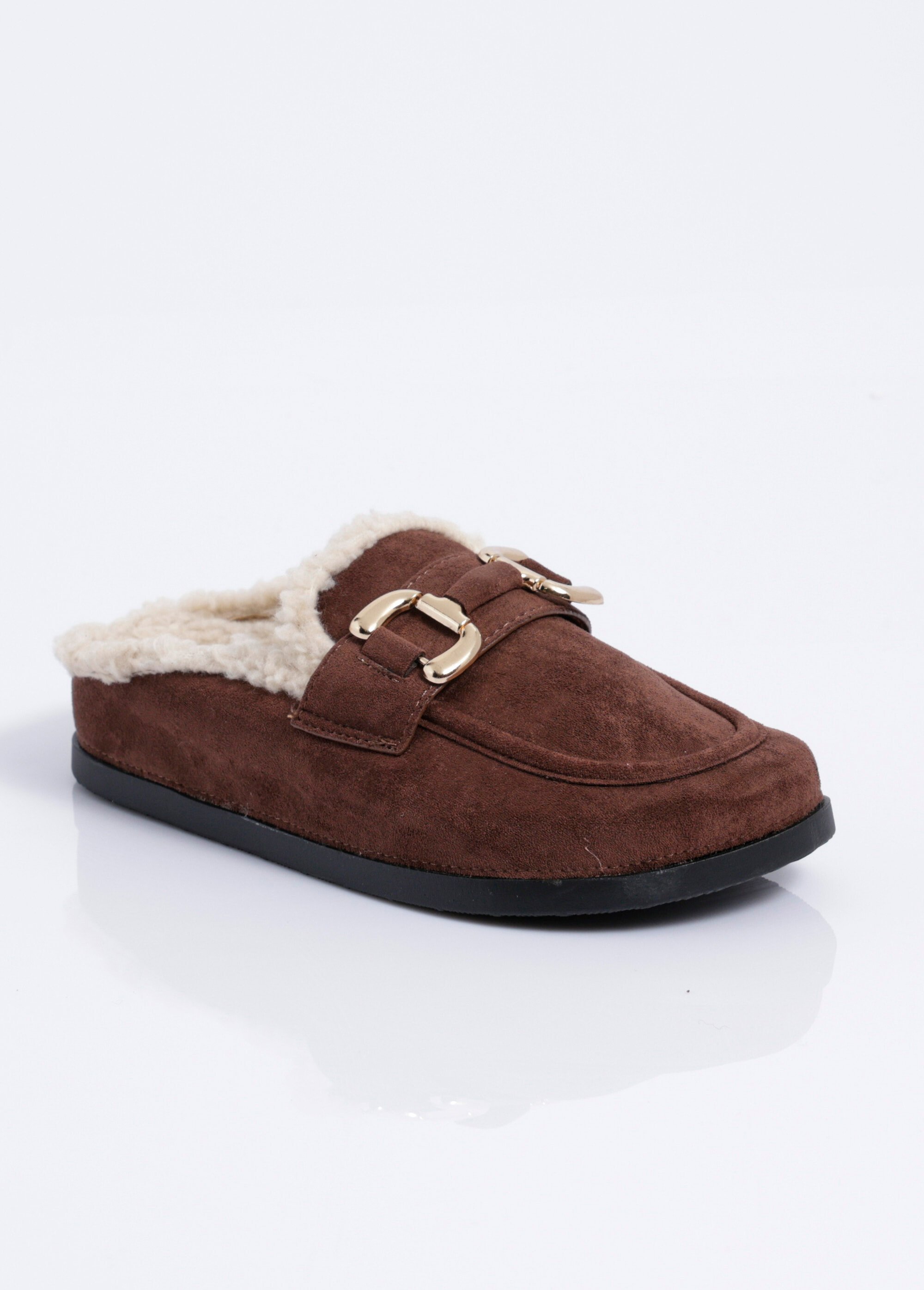 Mules en suédine fourrées et bride métal Femme Marron JOIH8-976C FA1