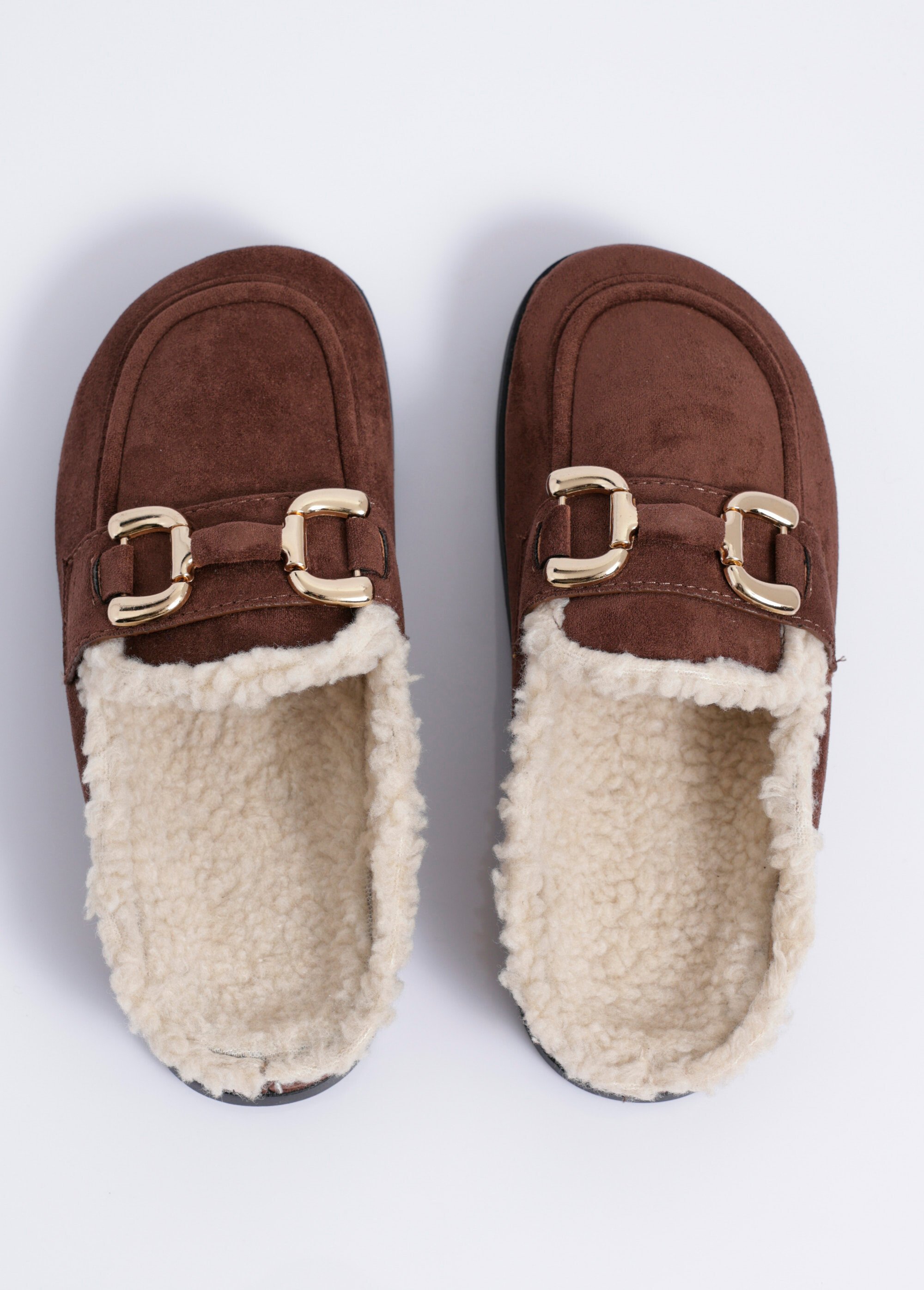 Mules en suédine fourrées et bride métal Femme Marron JOIH8-976C OV1